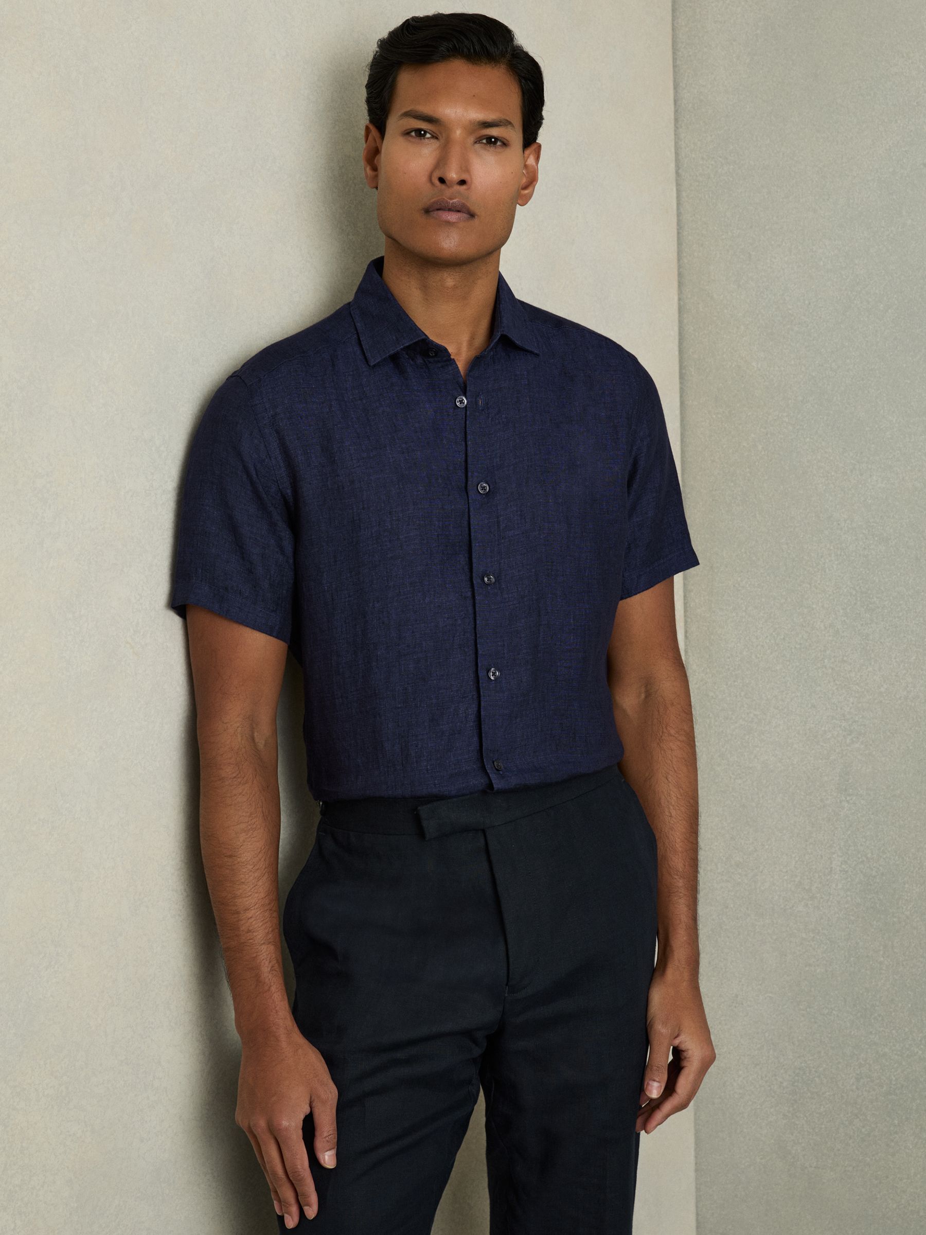 Slim Fit Linen Button-Through Shirt in Navy