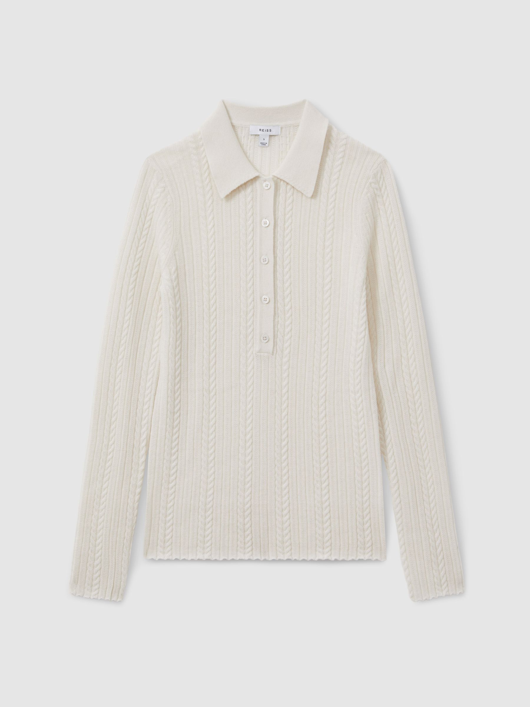 Wool Cable Knit Polo Neck Jumper in Cream