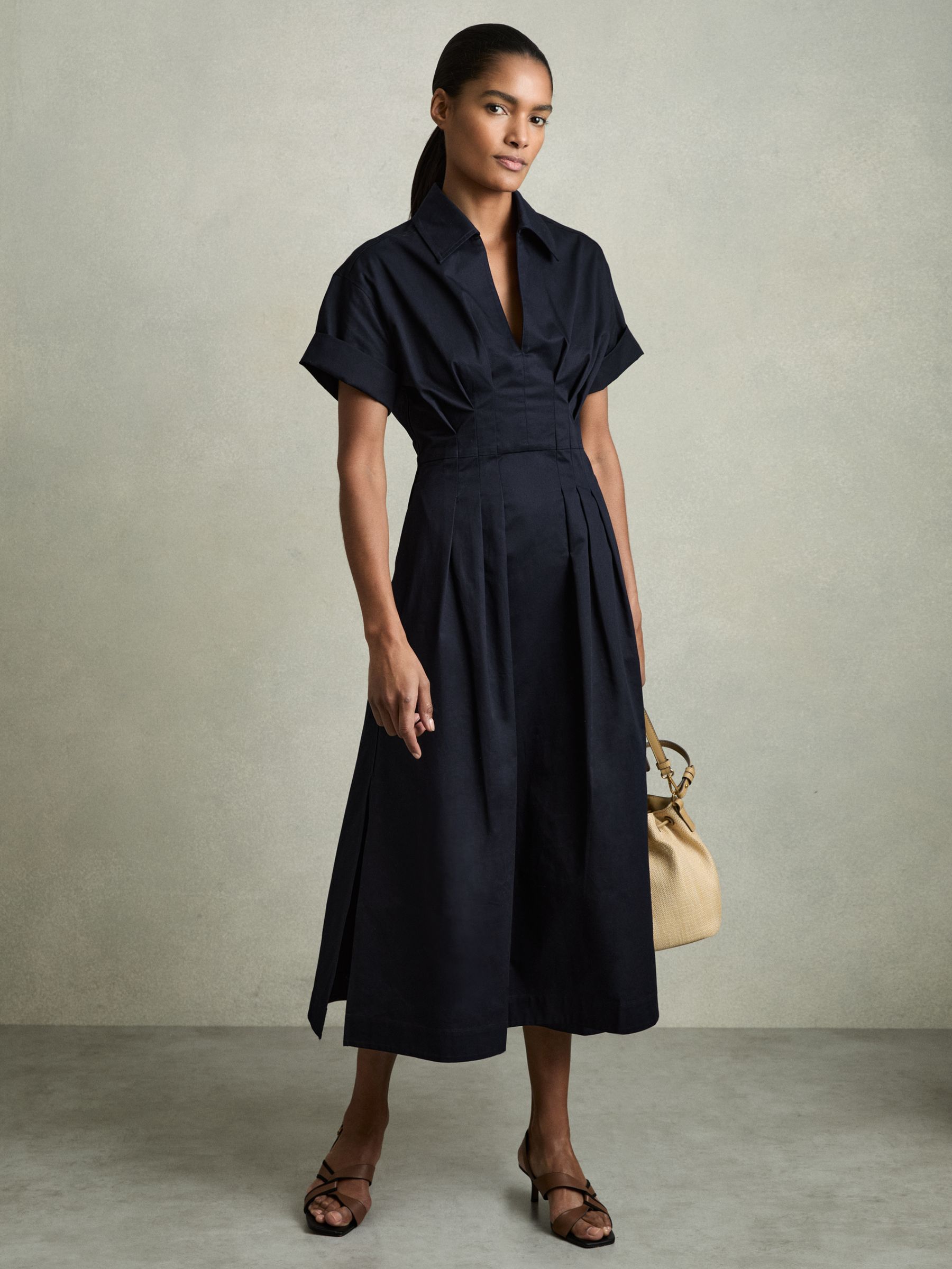 Cotton Pleated-Waist Midi Dress in Navy