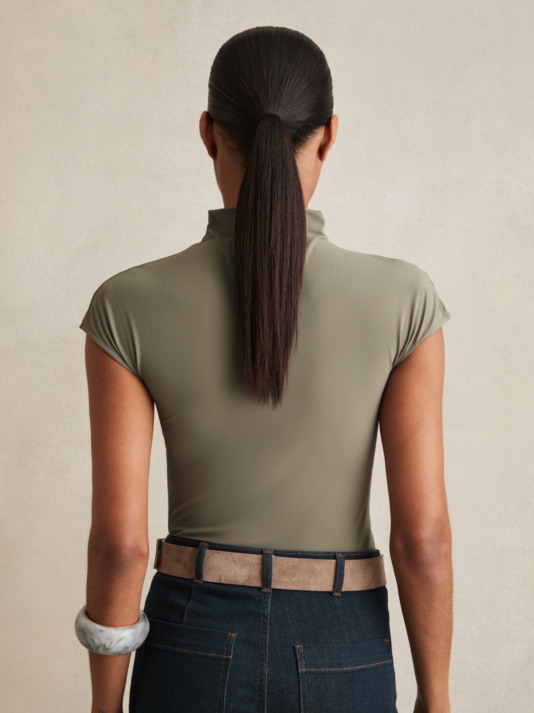 High-Neck Jersey Bodysuit in Sage Green