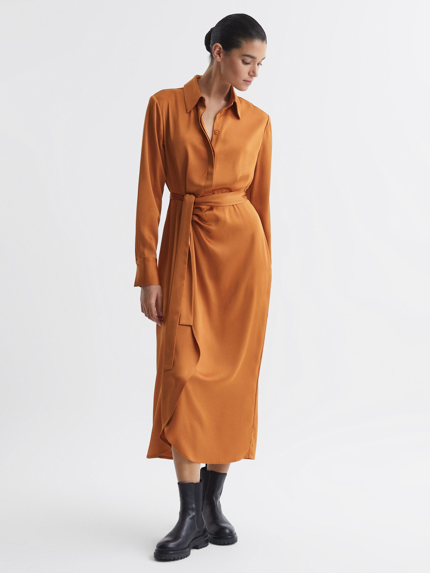 Satin Shirt-Style Midi Dress in Rust