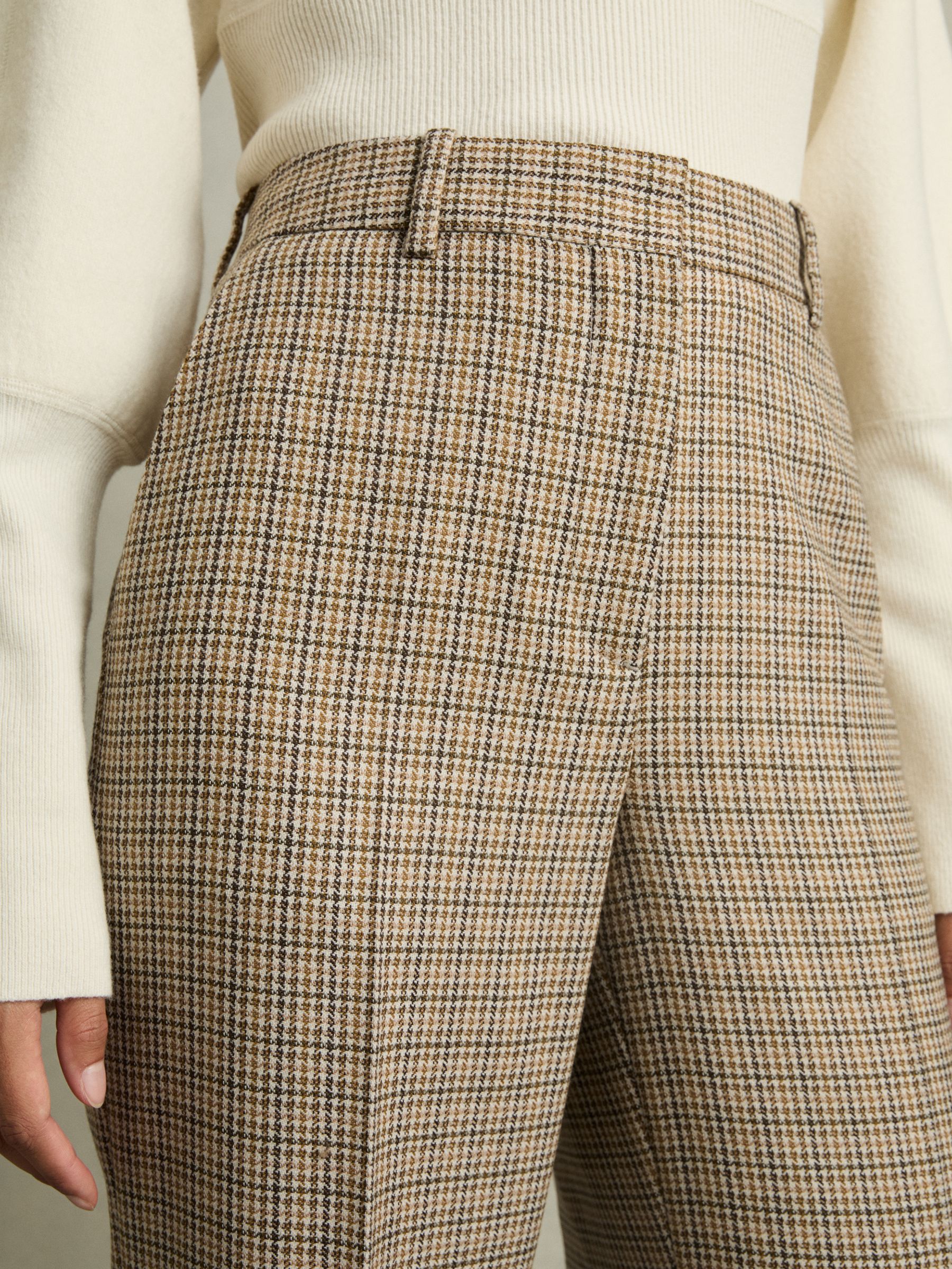 Wool Wide-Leg Houndstooth-Check Trousers in Brown Check