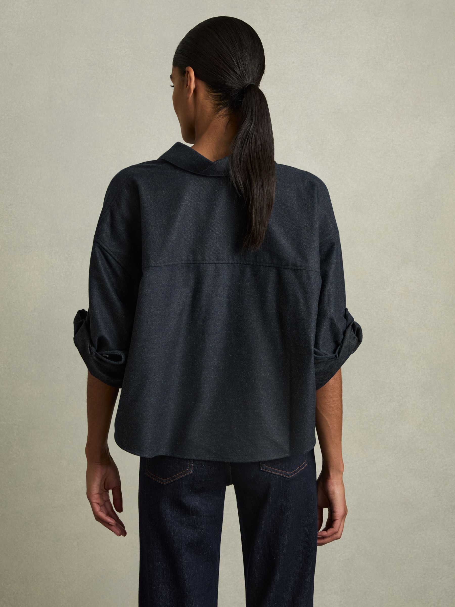 Cropped Flannel Shirt in Navy