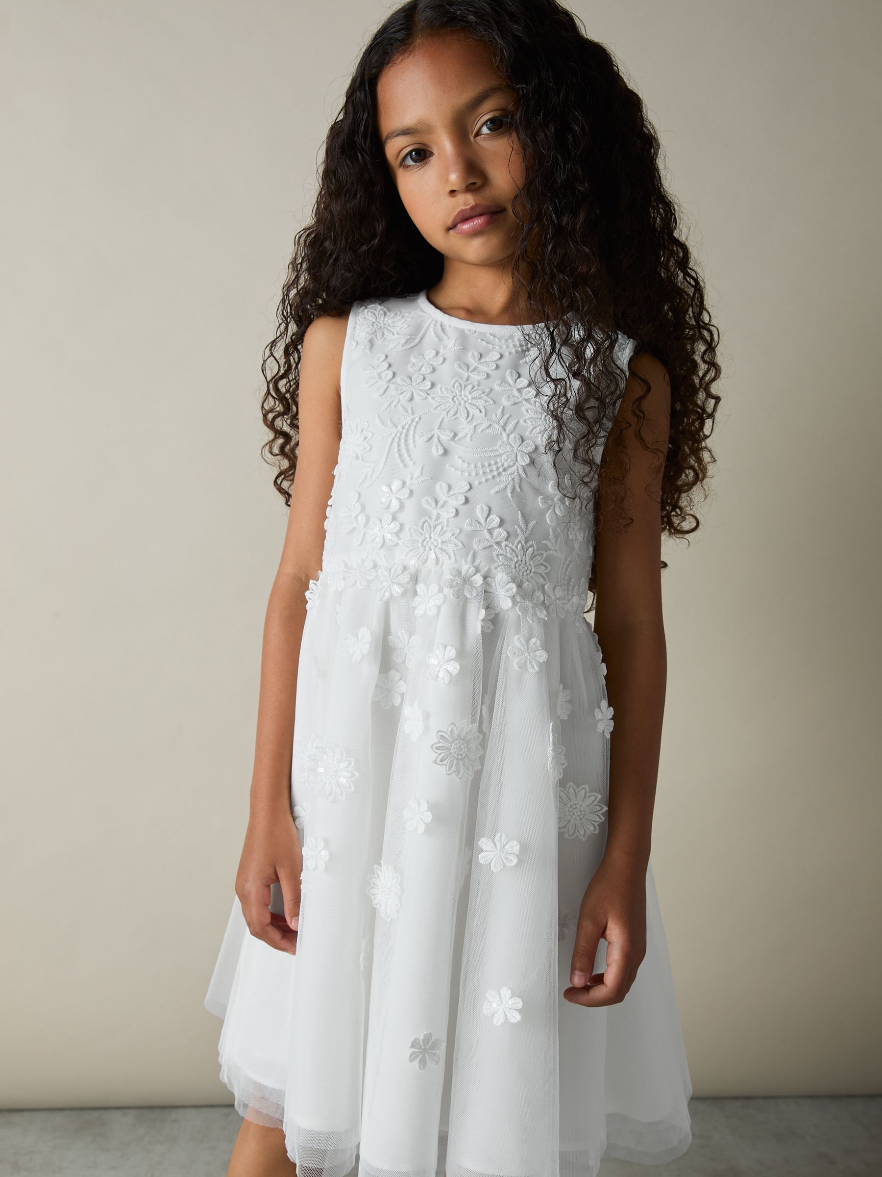 4-9 yrs Tulle Floral-Embroidered Bridesmaid Dress in Ivory