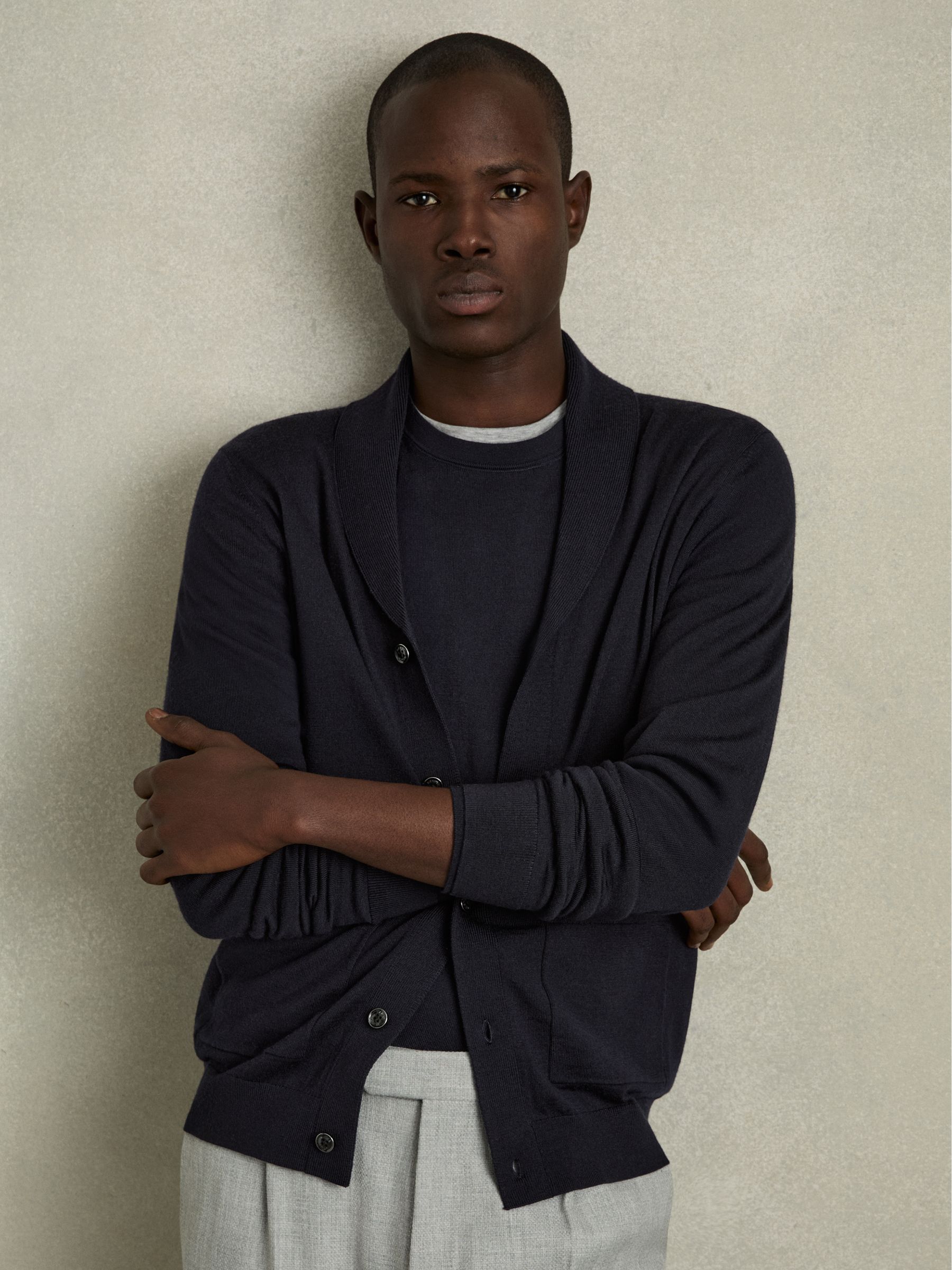 Merino Wool Shawl-Collar Cardigan in Navy