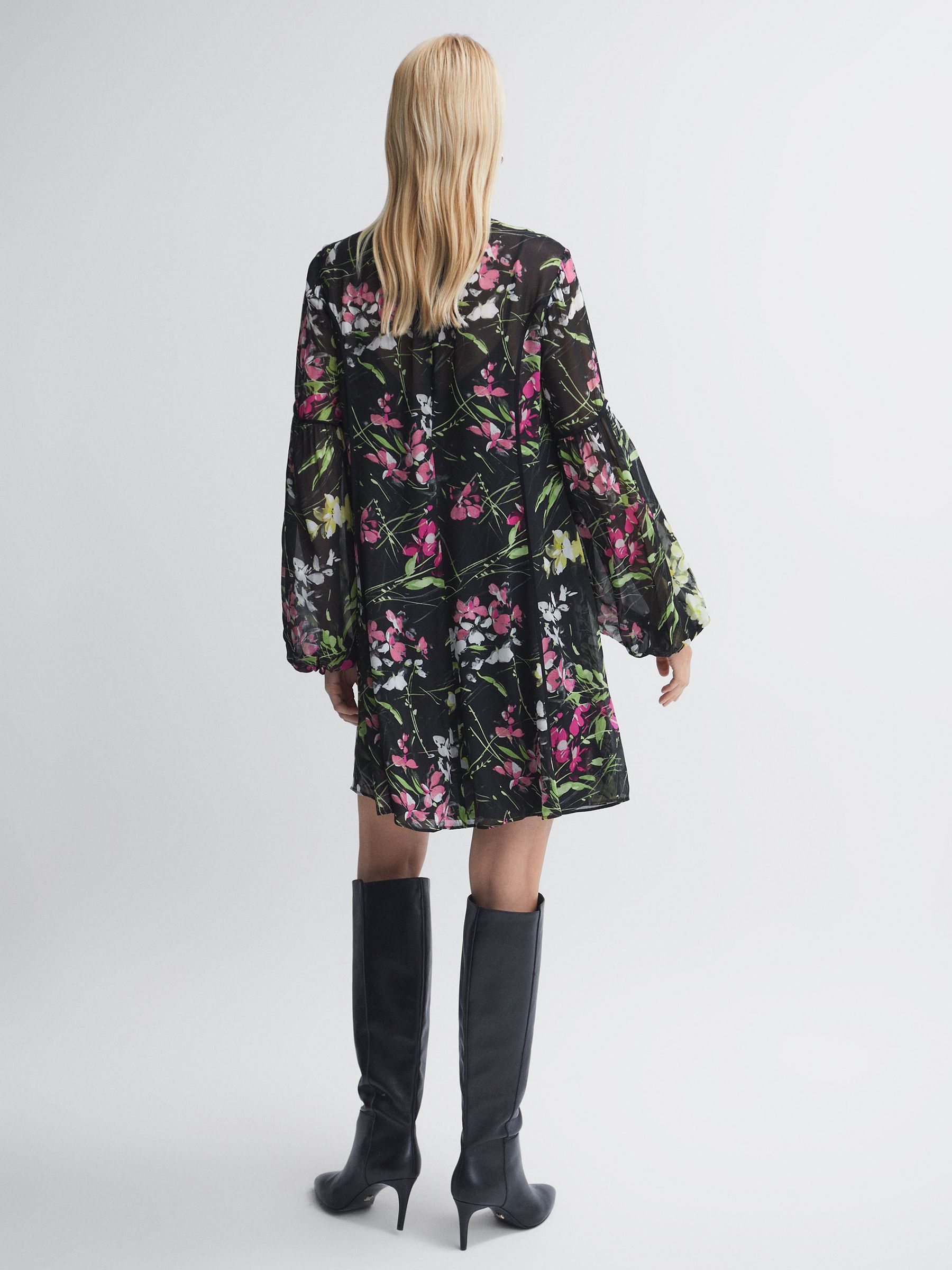 Florere Sheer Floral Mini Dress in Black
