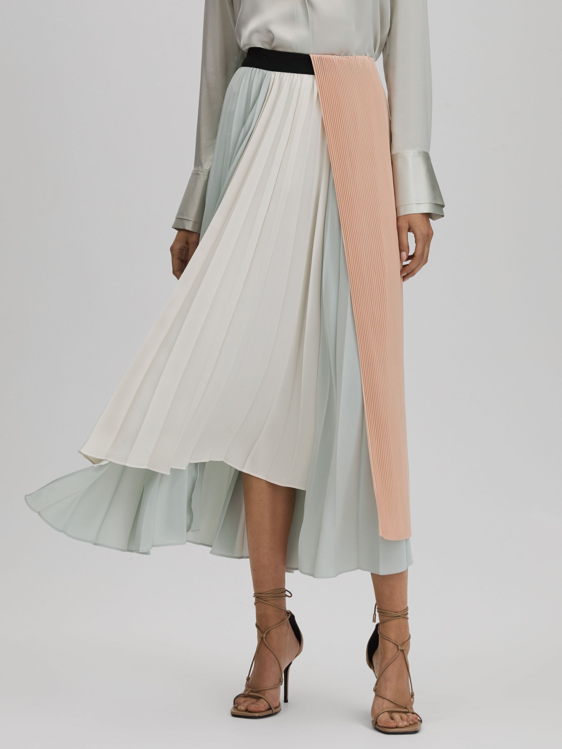Pleated Asymmetric Midi Skirt in Pink/Cream