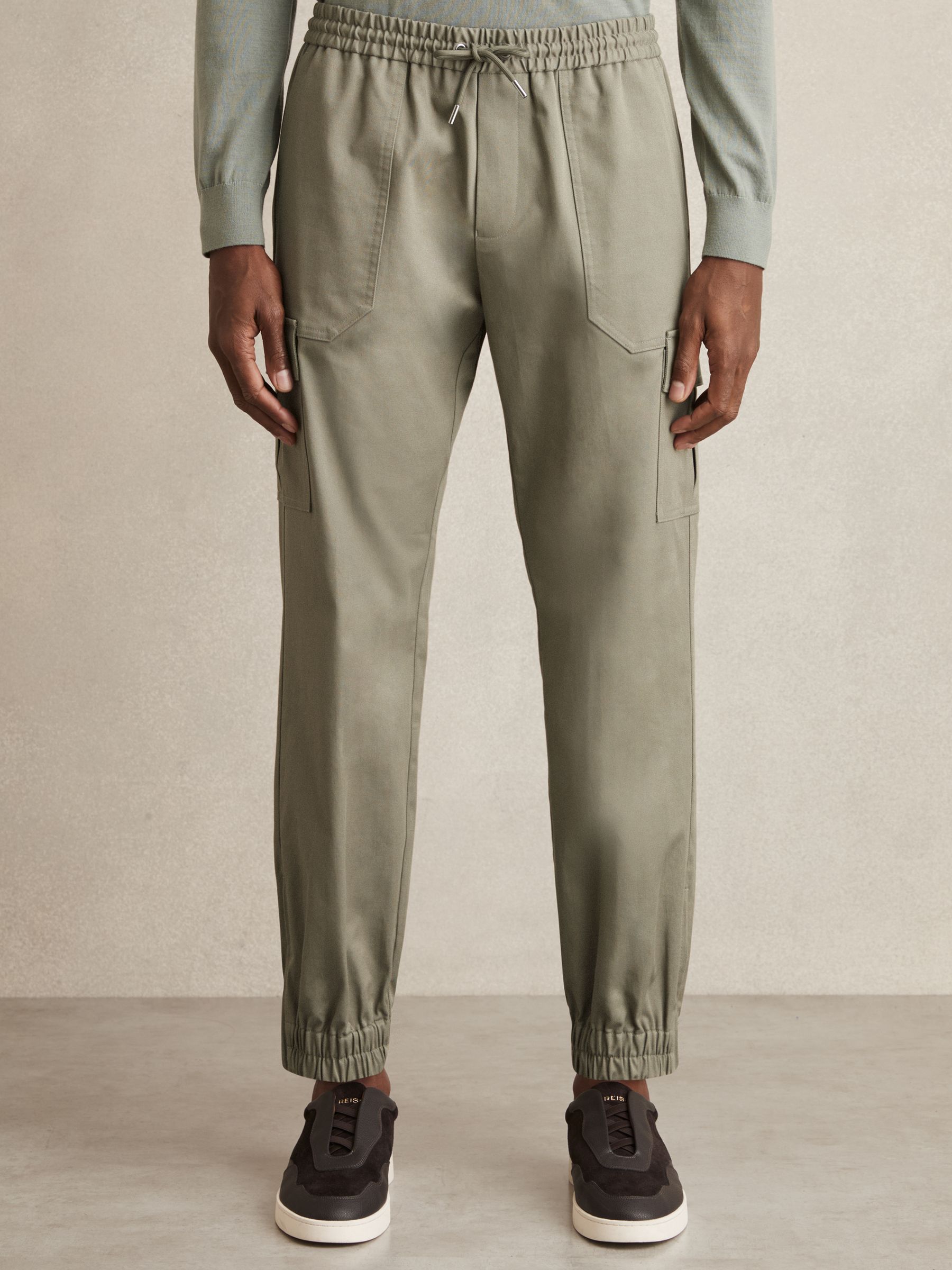 Cotton Drawstring Cargo Trousers in Washed Khaki Green
