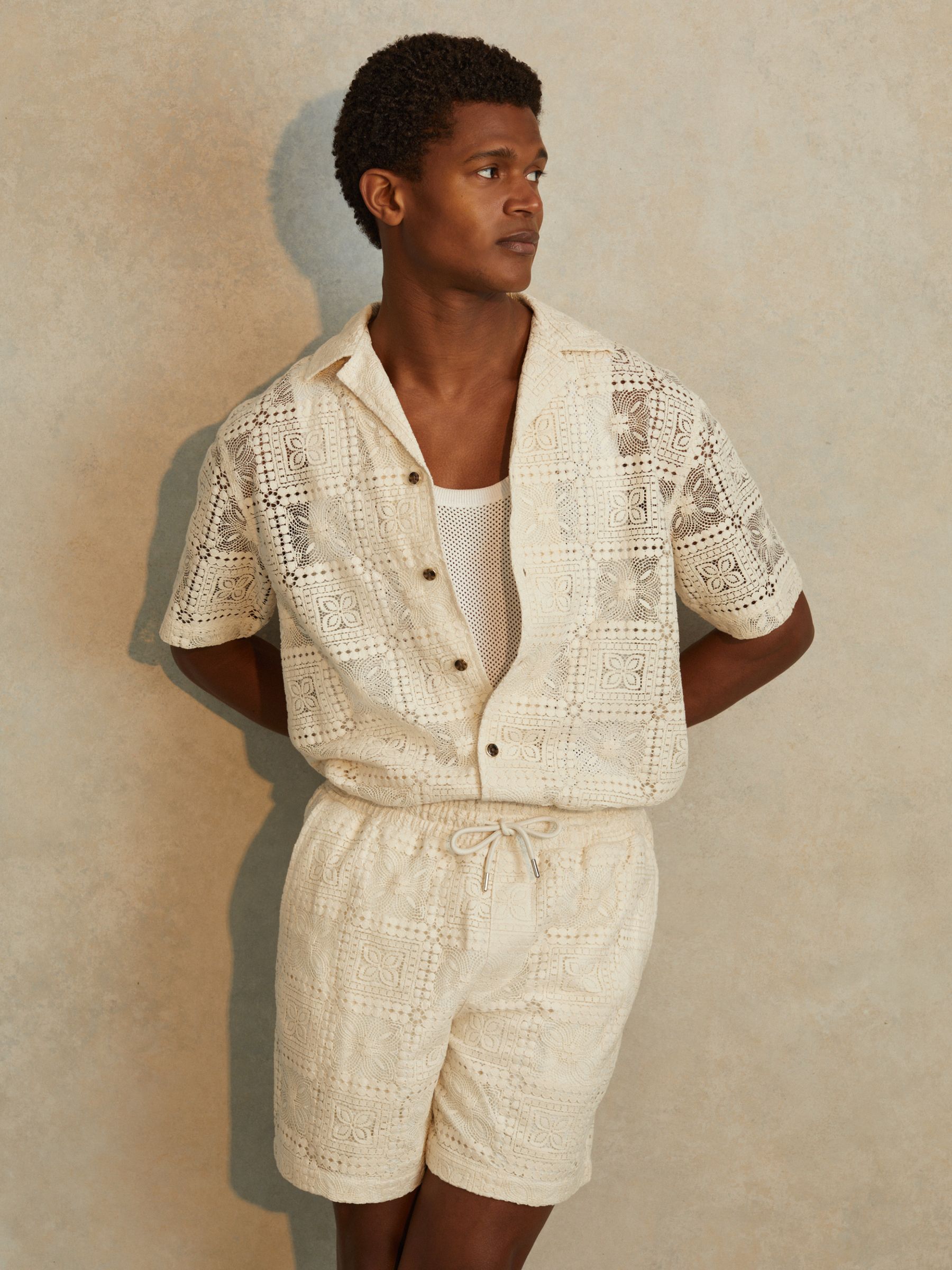 Crochet Cuban-Collar Shirt in Ecru