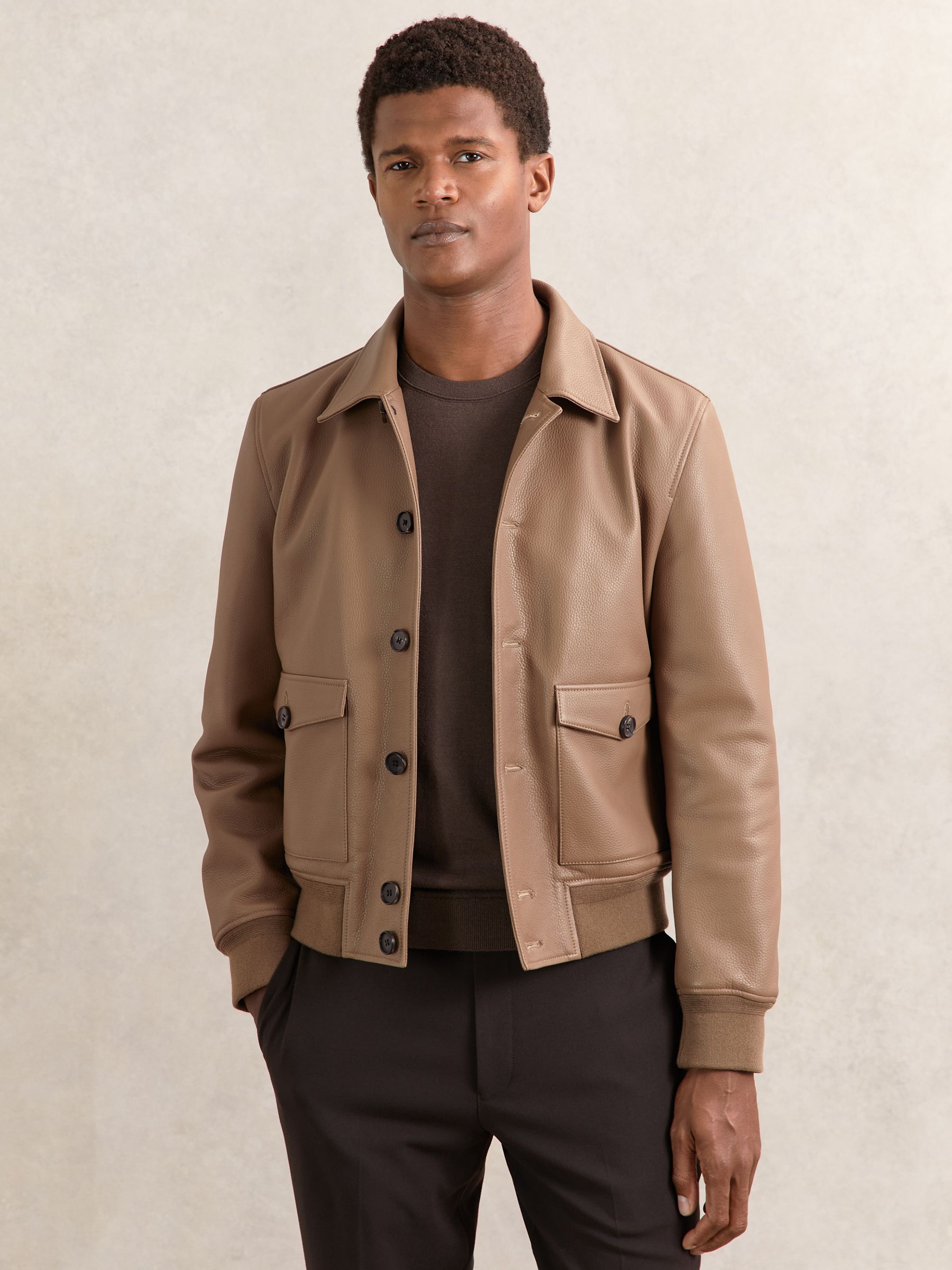 Tumbled-Leather Harrington Jacket in Tan Brown