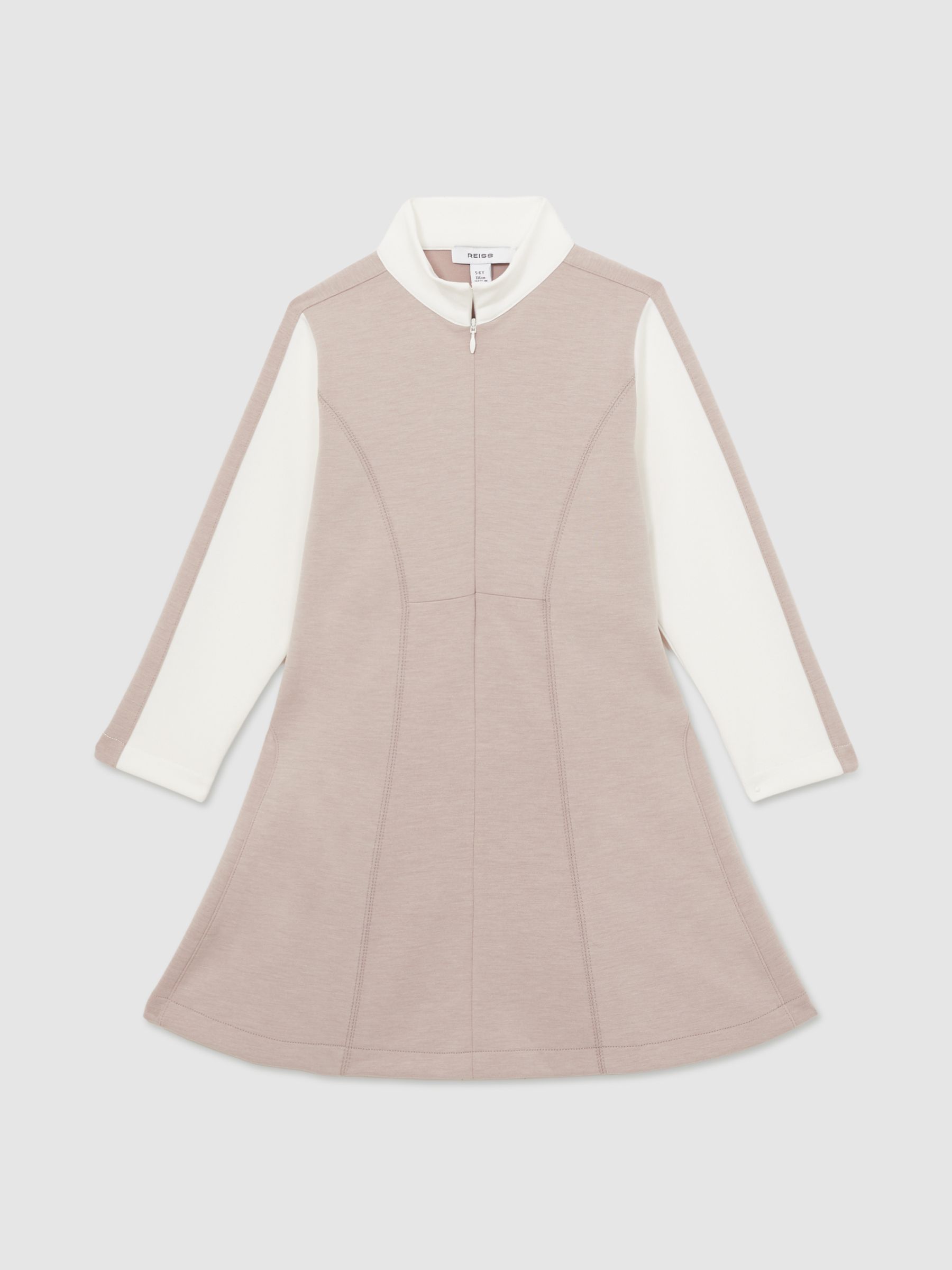 13-14 yrs Jersey Contrast-Stitch Flared Dress in Ecru