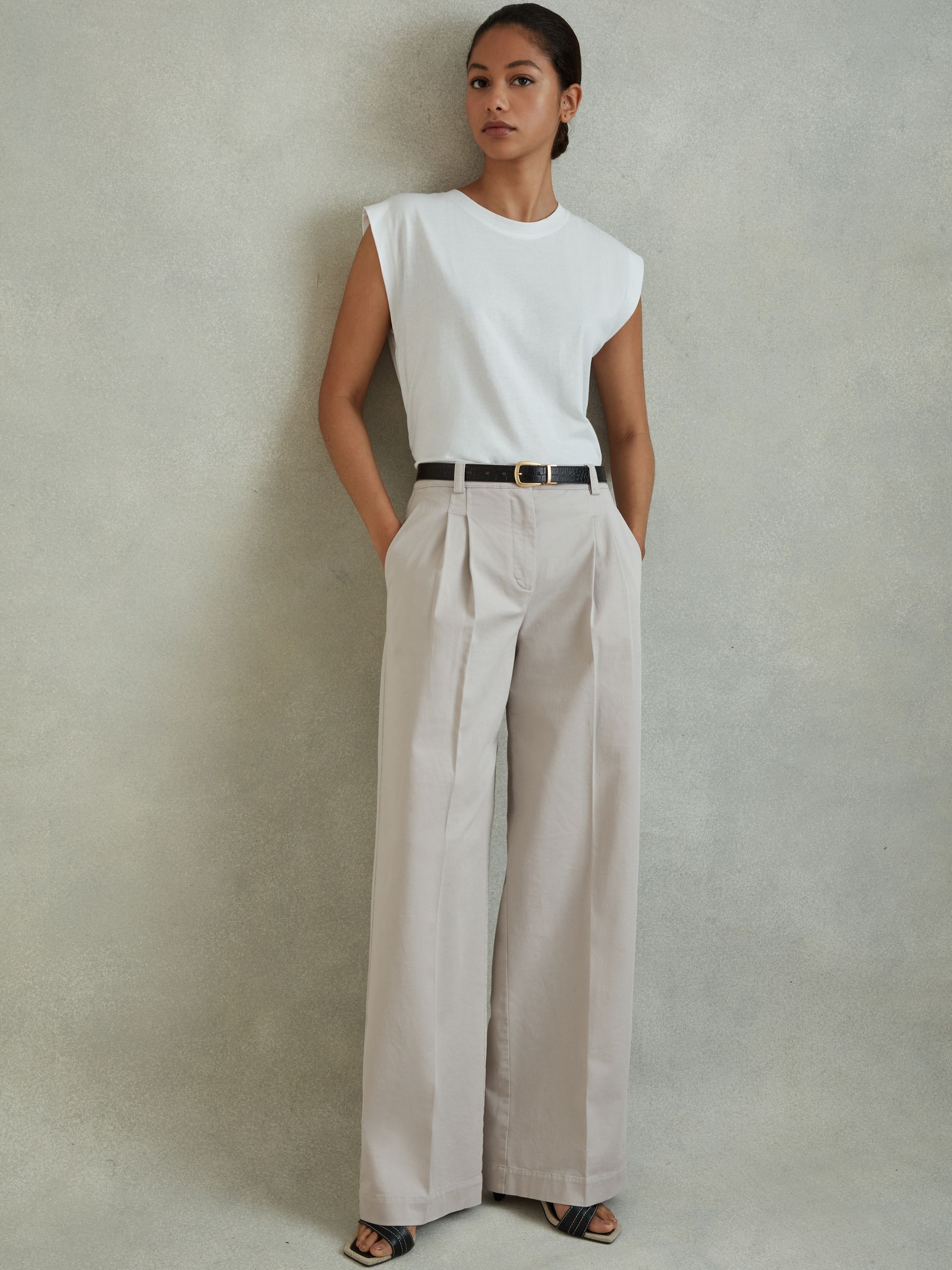 Cotton Blend Wide Leg Trousers in Grey