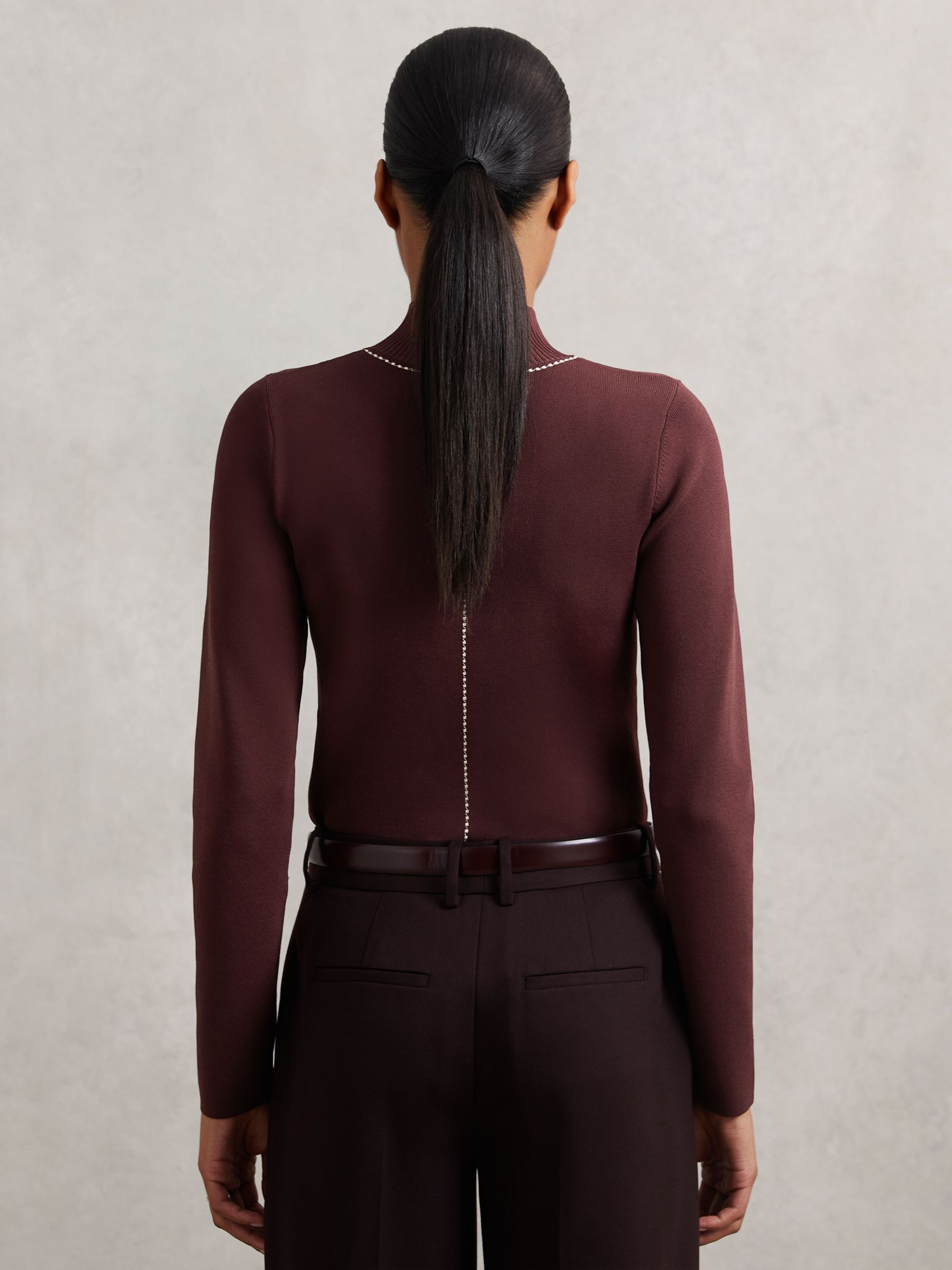 Stitch-Detail Funnel-Neck Jumper in Burgundy/Camel