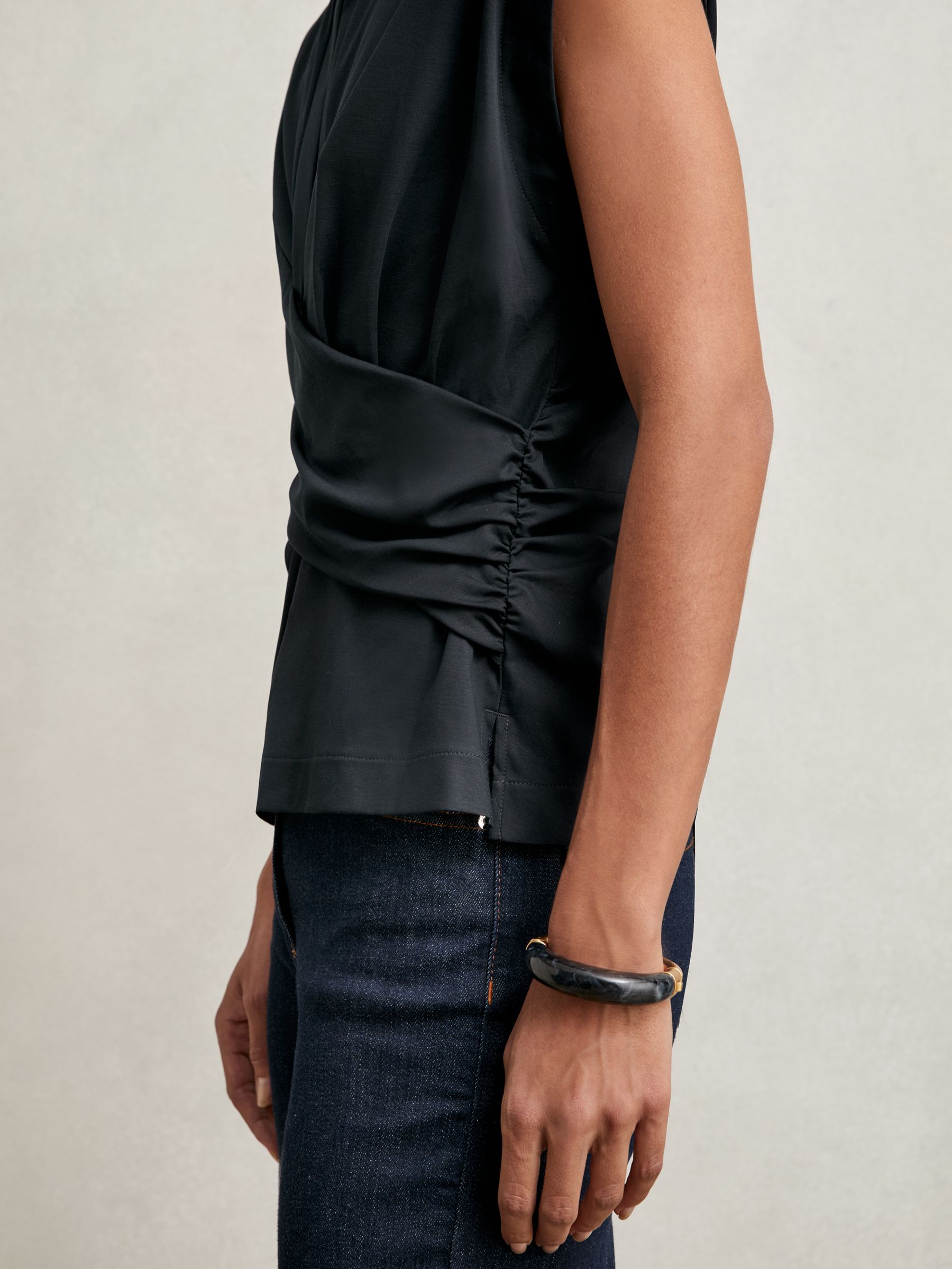 Stretch-Cotton Wrap-Front Collar Top in Navy