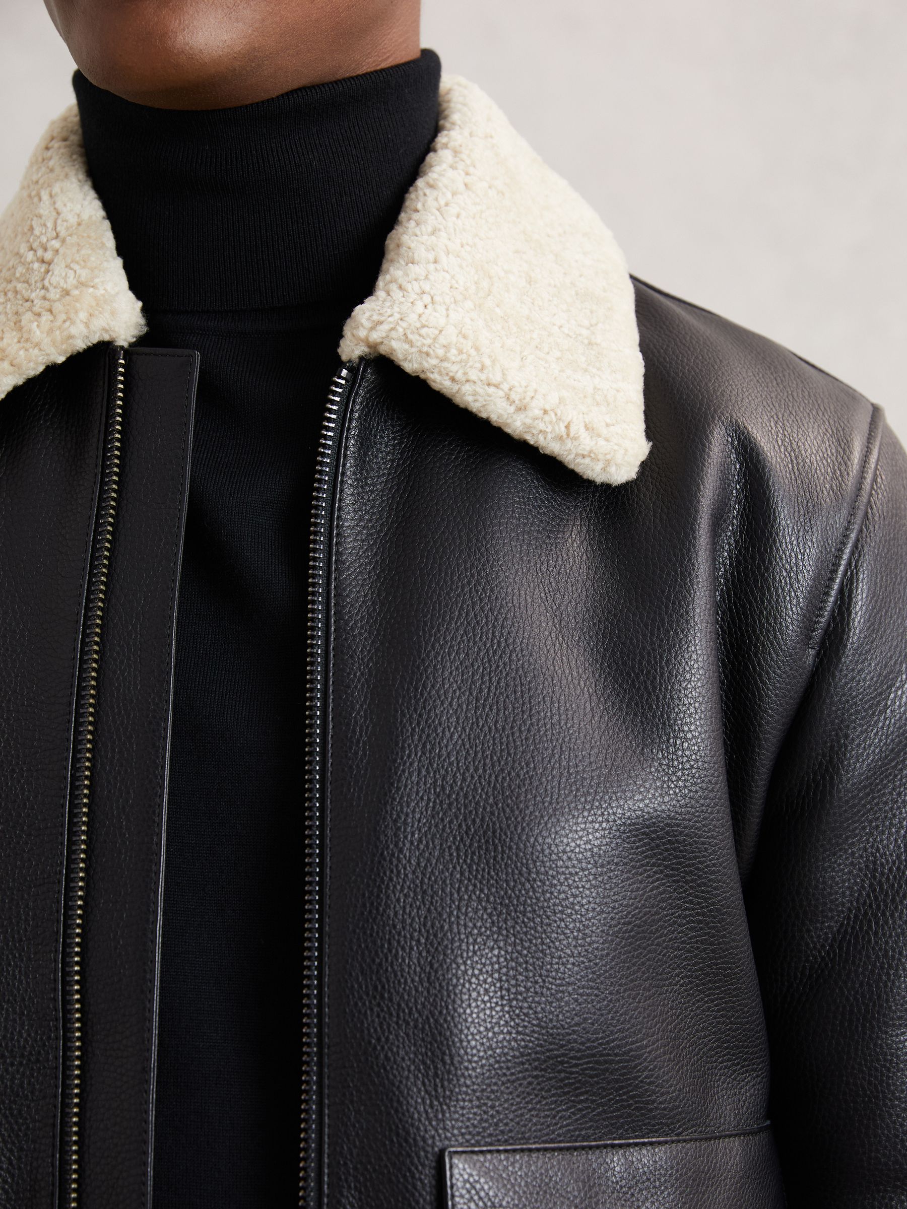 Leather Shearling-Collar Bomber Jacket in Black