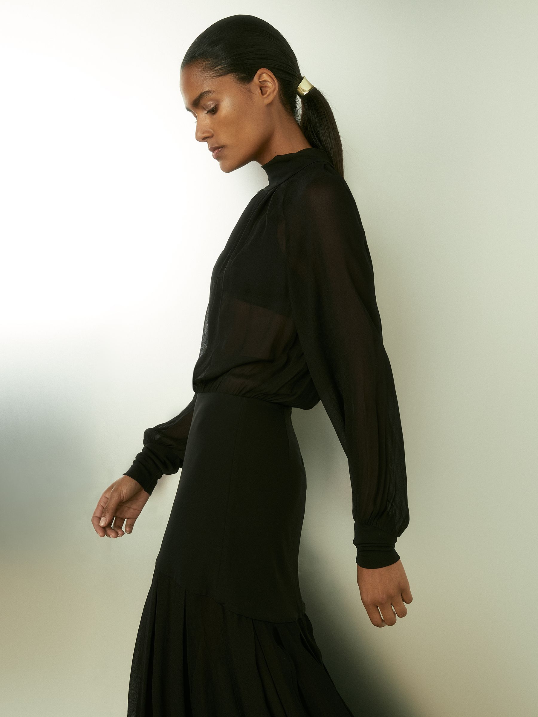 Sheer Jersey Gathered Maxi Dress in Black