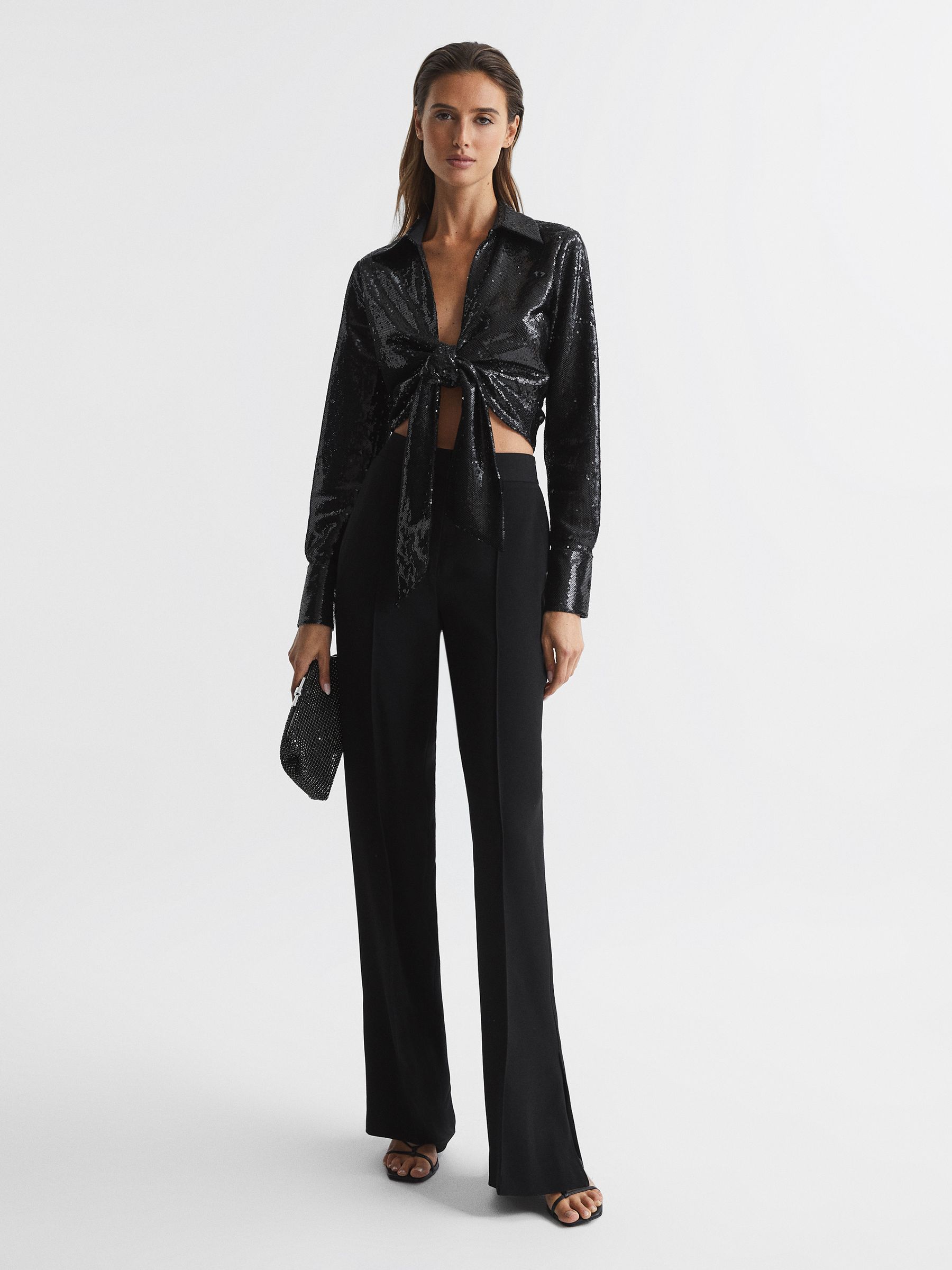 Tie Front Sequin Top in Black