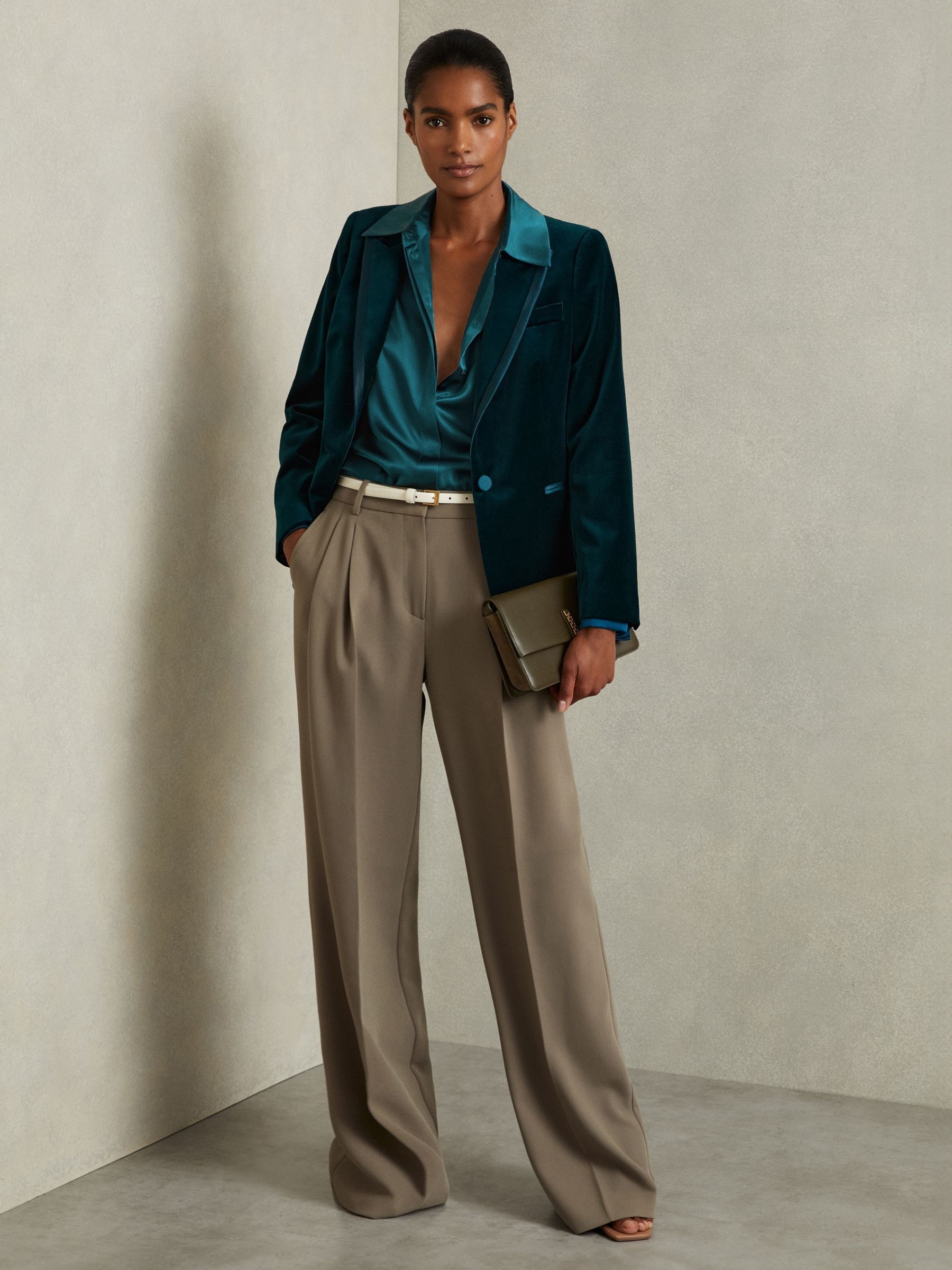 Velvet and Satin Single Breasted Suit Jacket in Teal