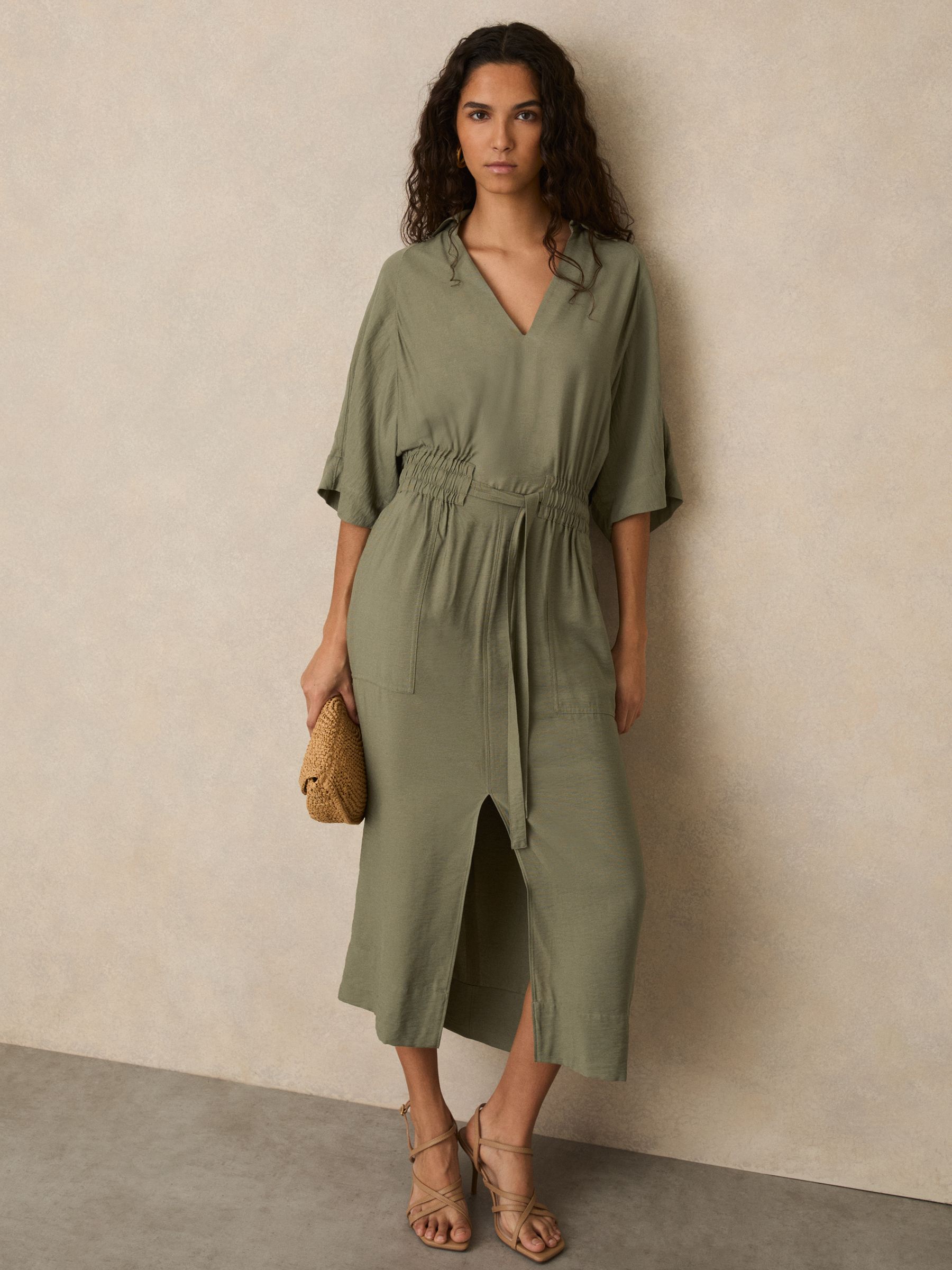 Shirred-Waist Midi Shirt Dress in Khaki