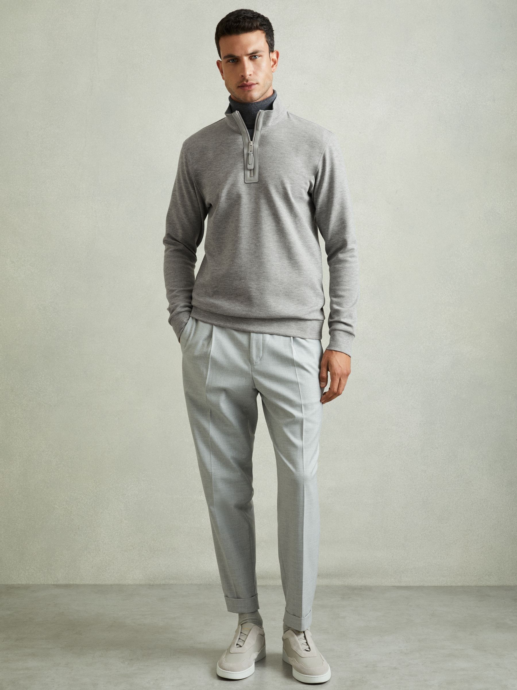 Leather-Placket Interlock-Jersey Sweatshirt in Grey Melange