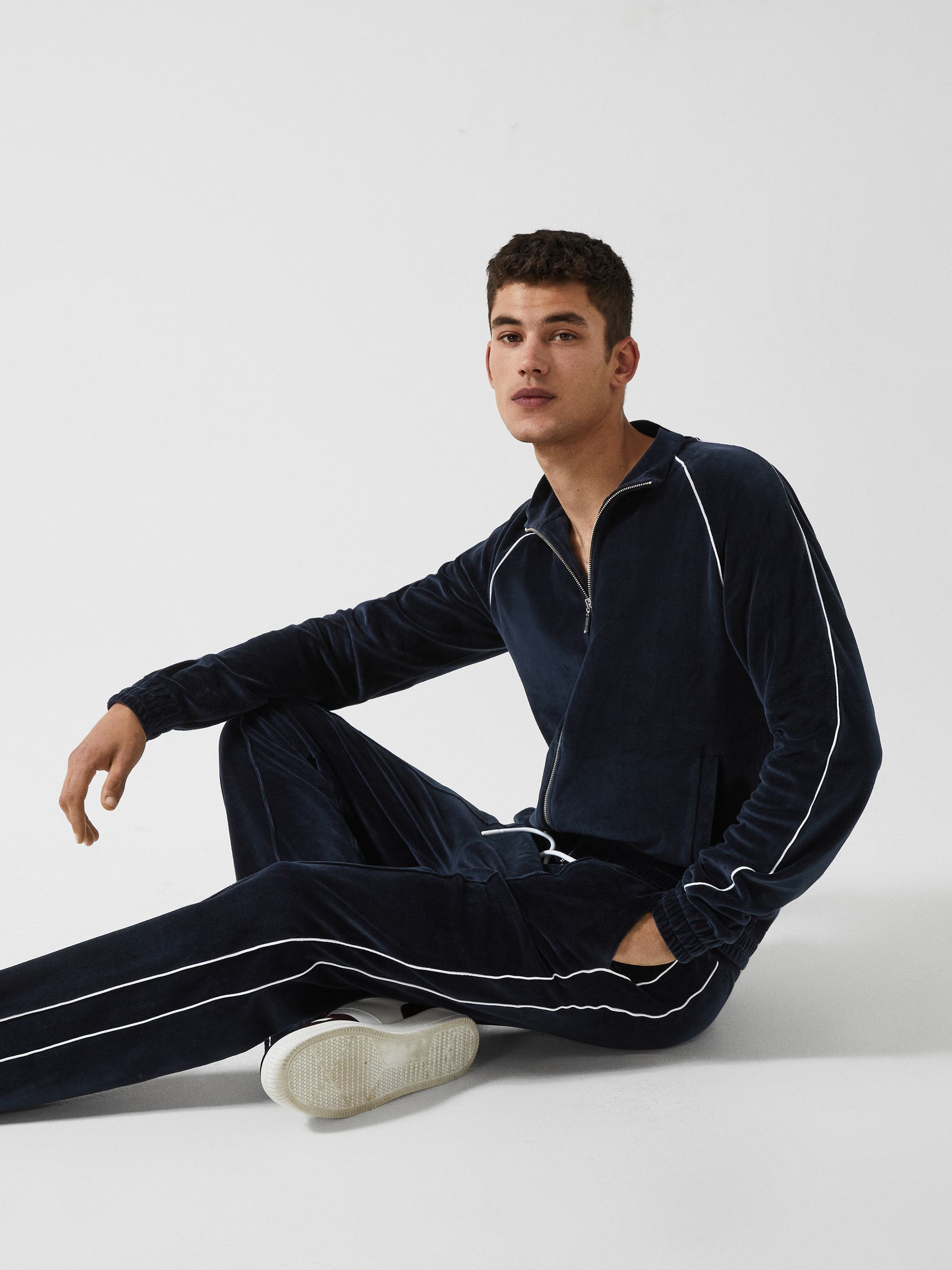 Velour Jogger With Piping in Navy
