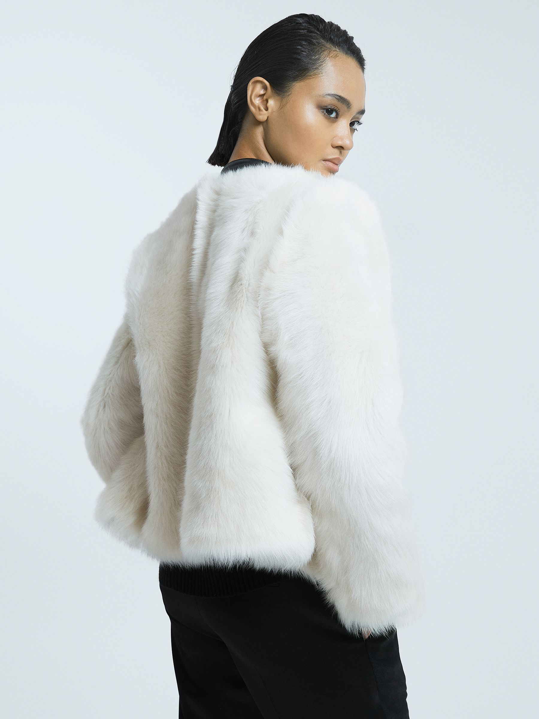 Leather-Shearling Zip-Through Jacket in Ivory/Black