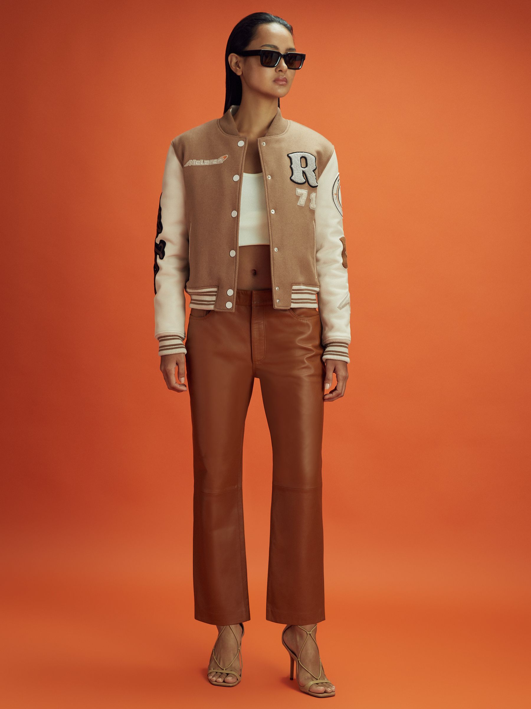 McLaren F1 Leather Varsity Jacket in Camel/Ecru