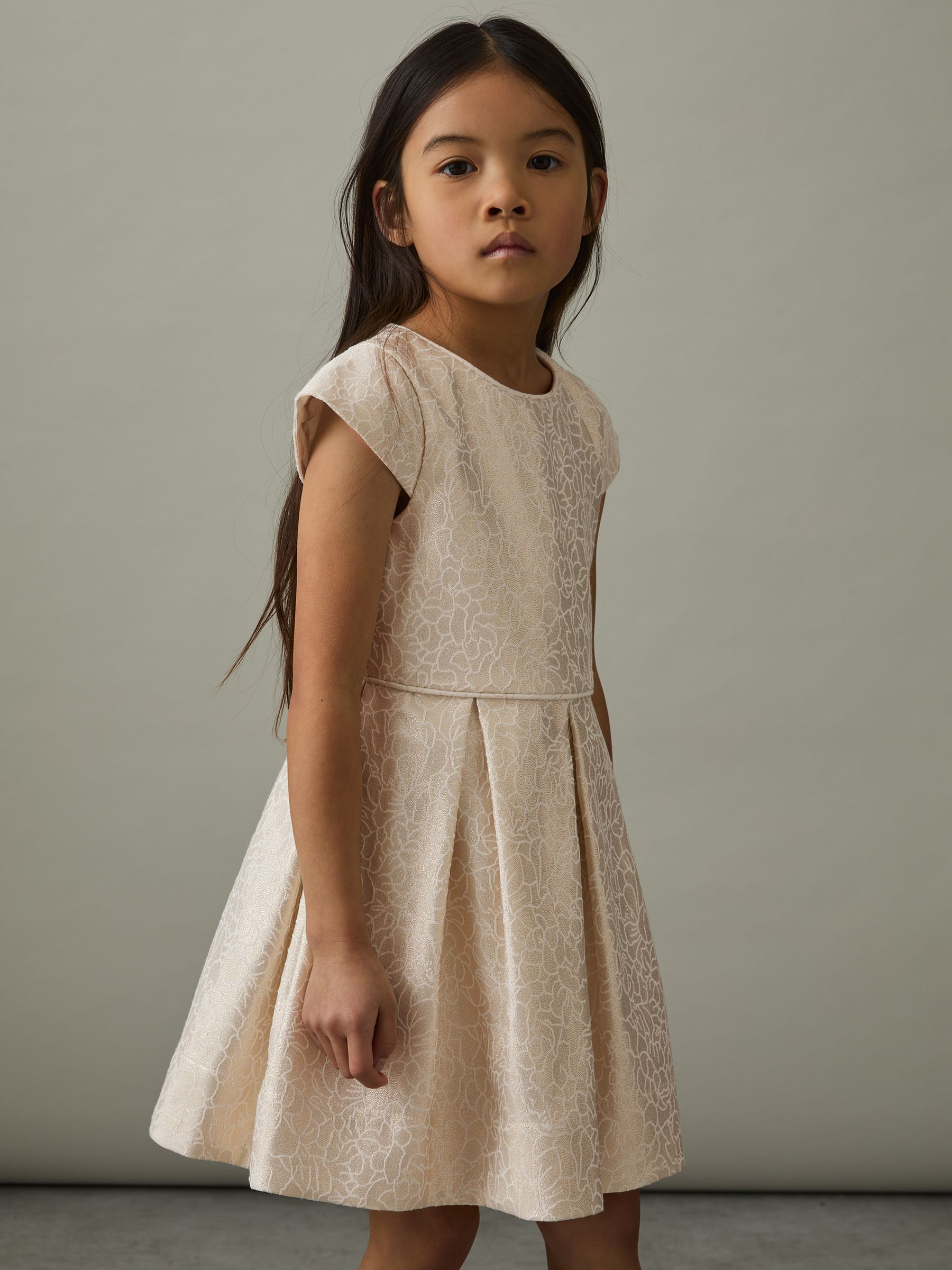 13-14 yrs Brocade Cap-Sleeve Pleated Dress in Ivory