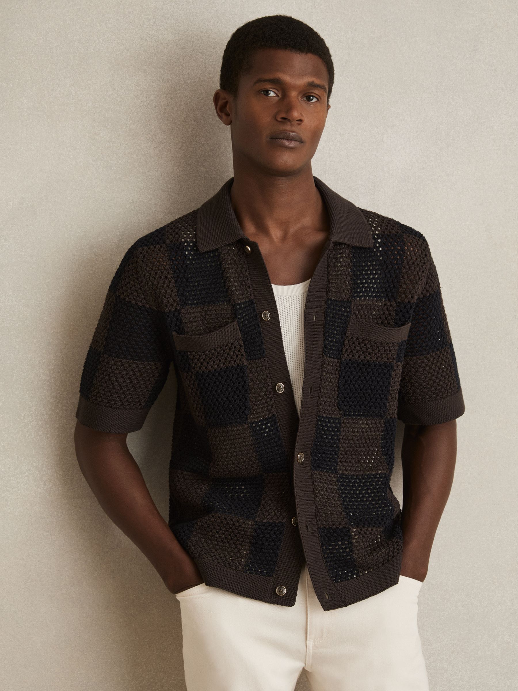 Cotton Chequerboard Crochet Shirt in Chocolate/Navy