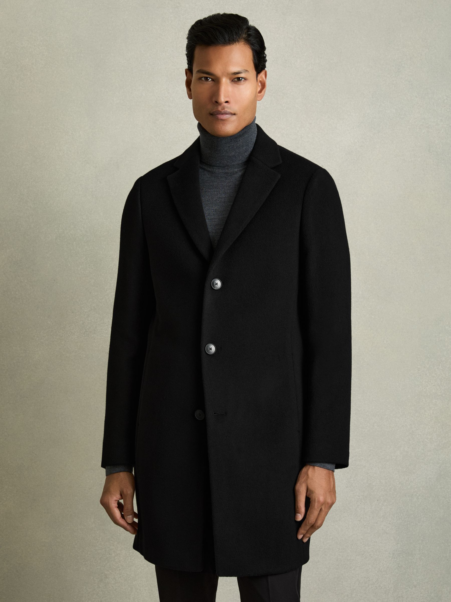 Wool-Blend Single-Breasted Overcoat in Black