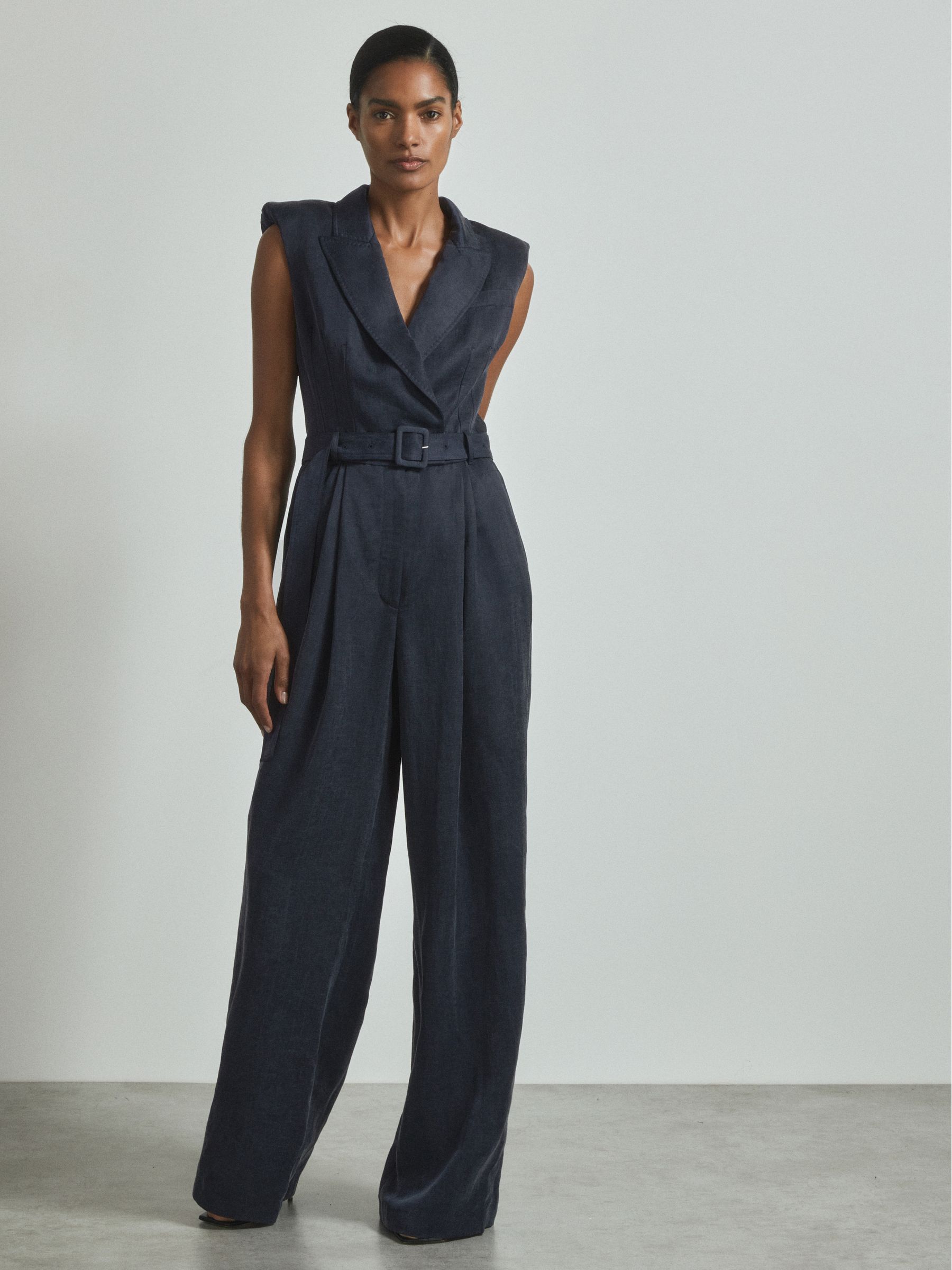 Atelier Cupro Belted Tux Jumpsuit in Navy