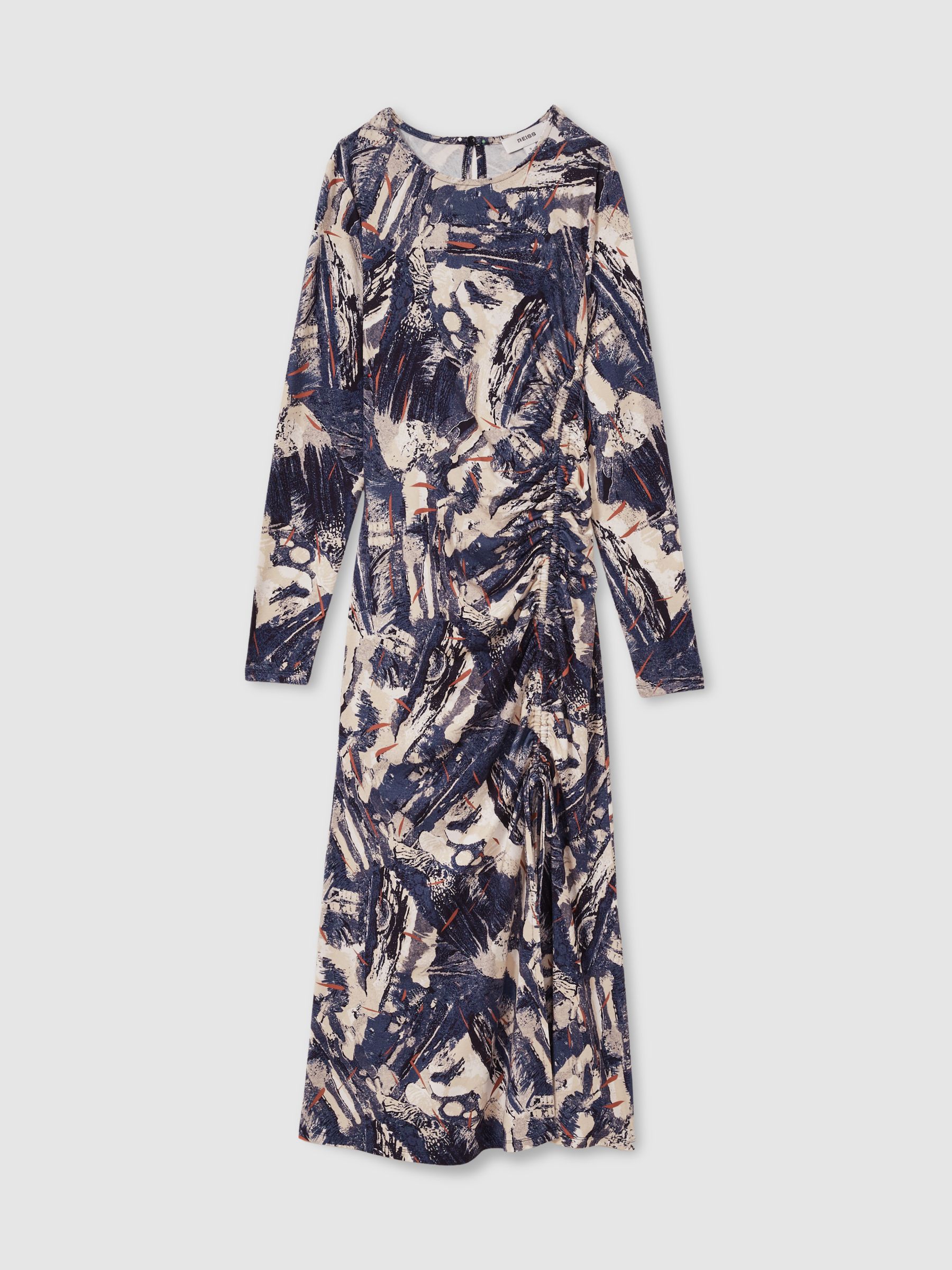 Printed Ruched Midi Dress in Navy/Neutral