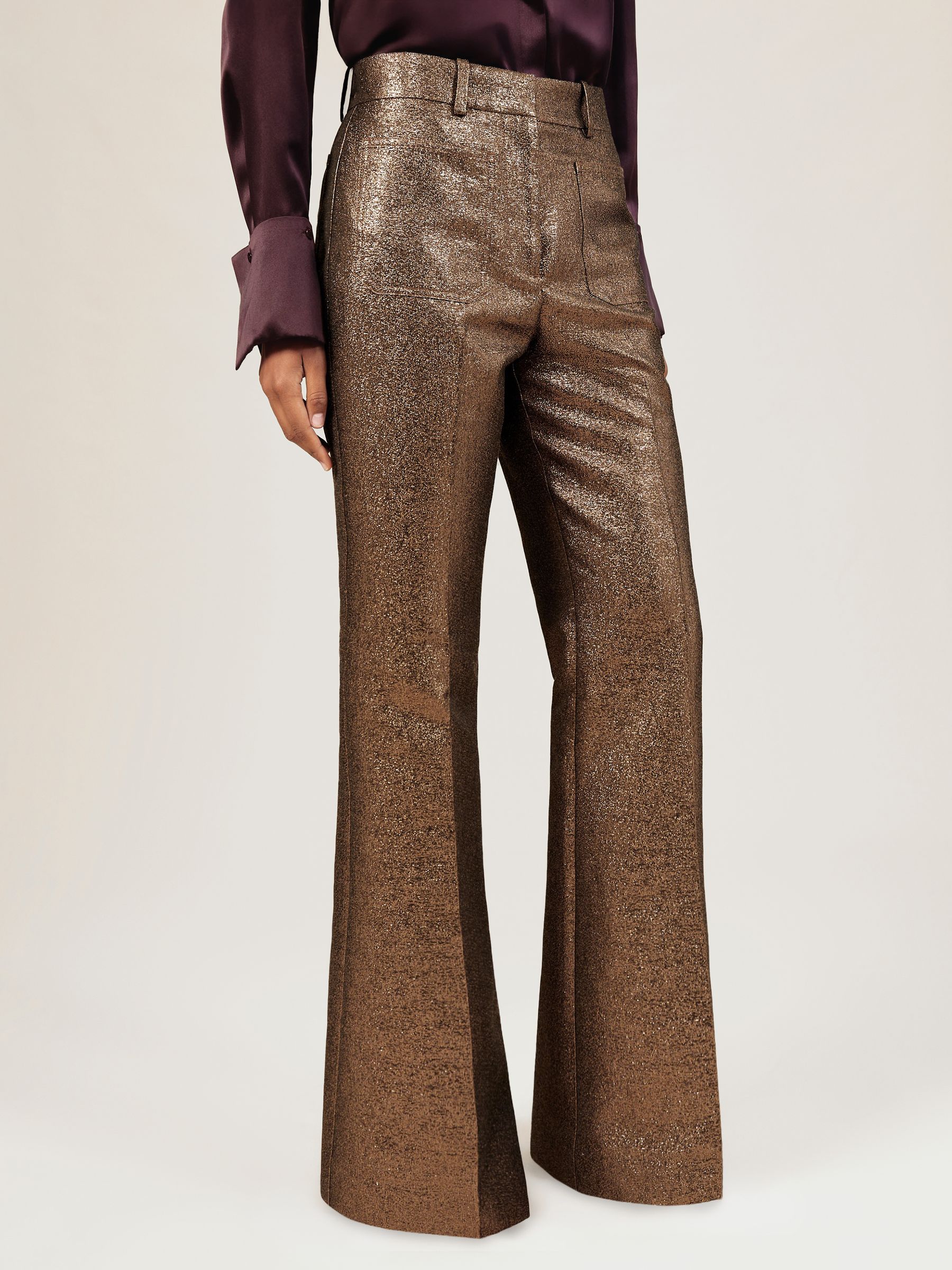 Petite Sparkle Patch-Pocket Flared Trousers in Gold