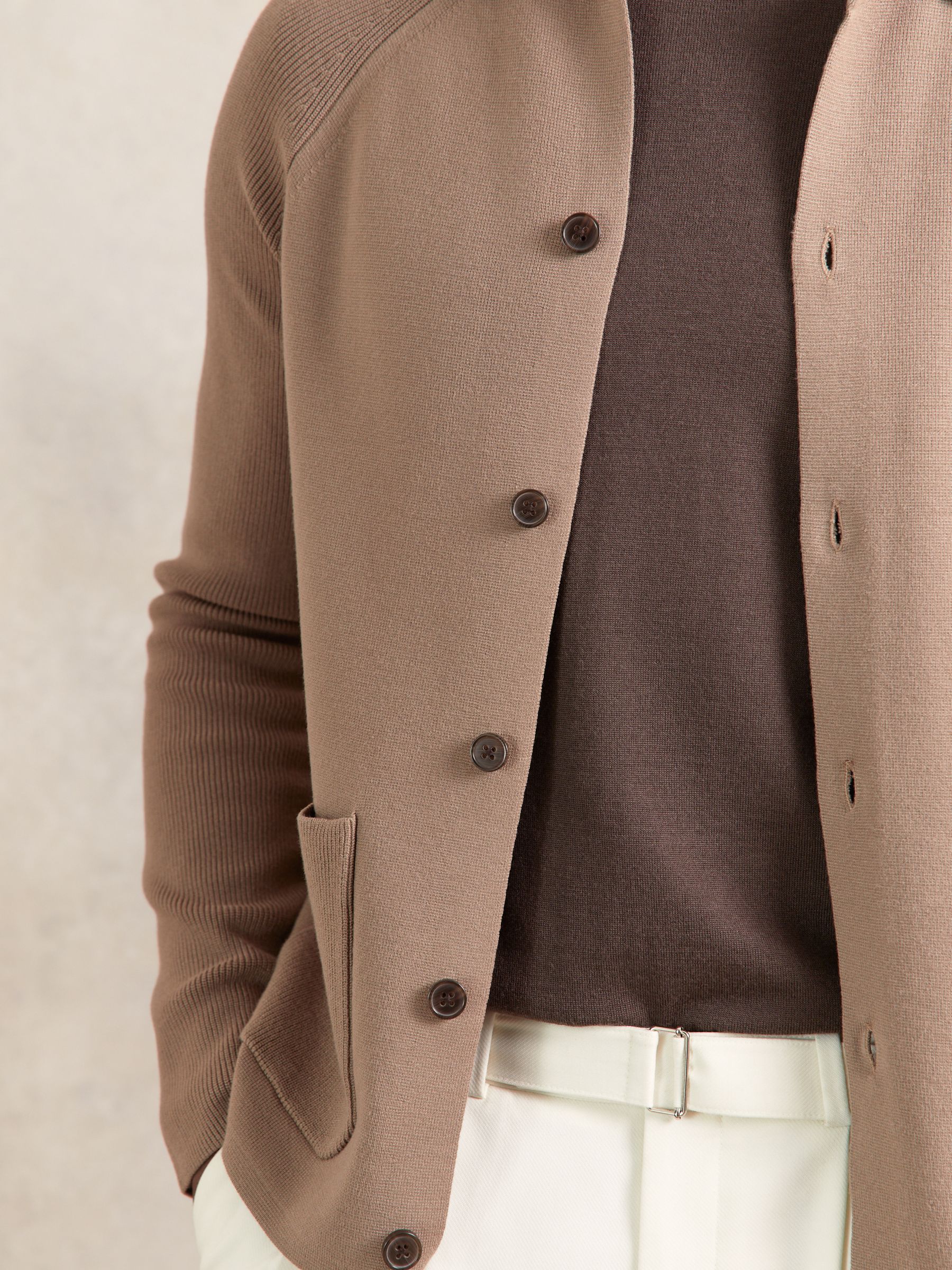 Button-Through Ribbed-Sleeve Shirt in Camel Brown