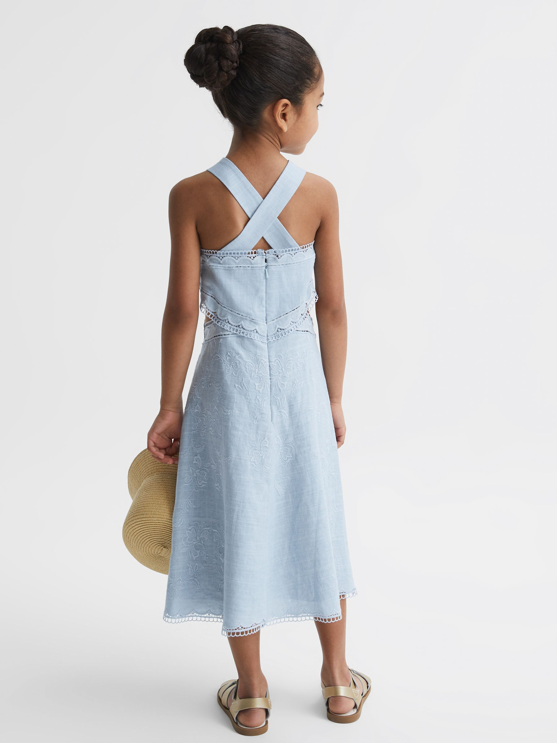 Junior Cross Back Embroidered Dress in Blue