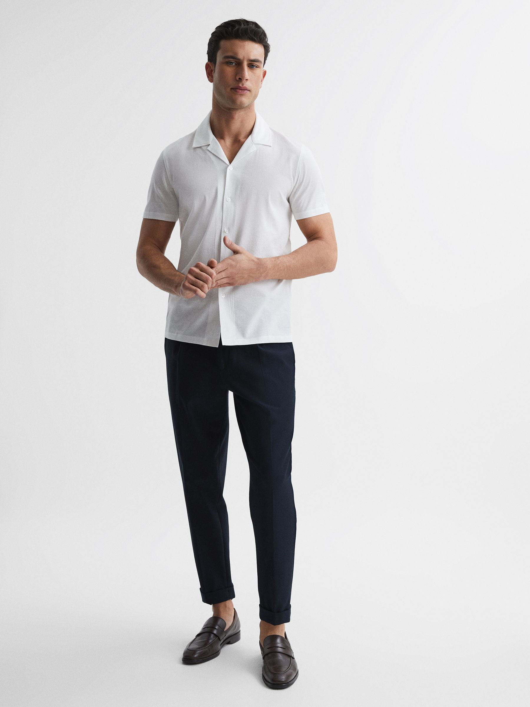 Mercerised Jersey Cuban Collar Shirt in White