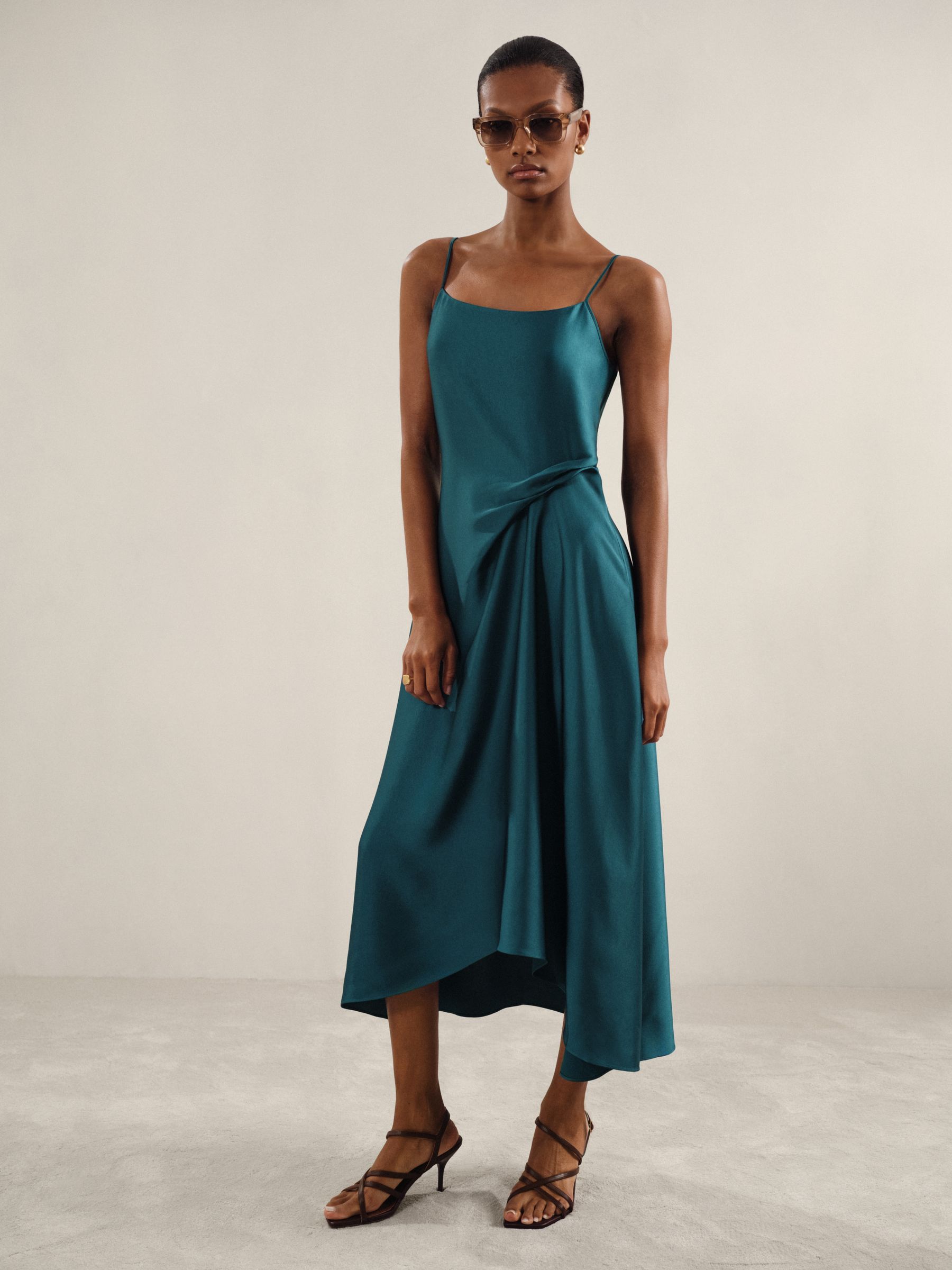 Petite Satin Drape-Detail Slip Dress in Teal