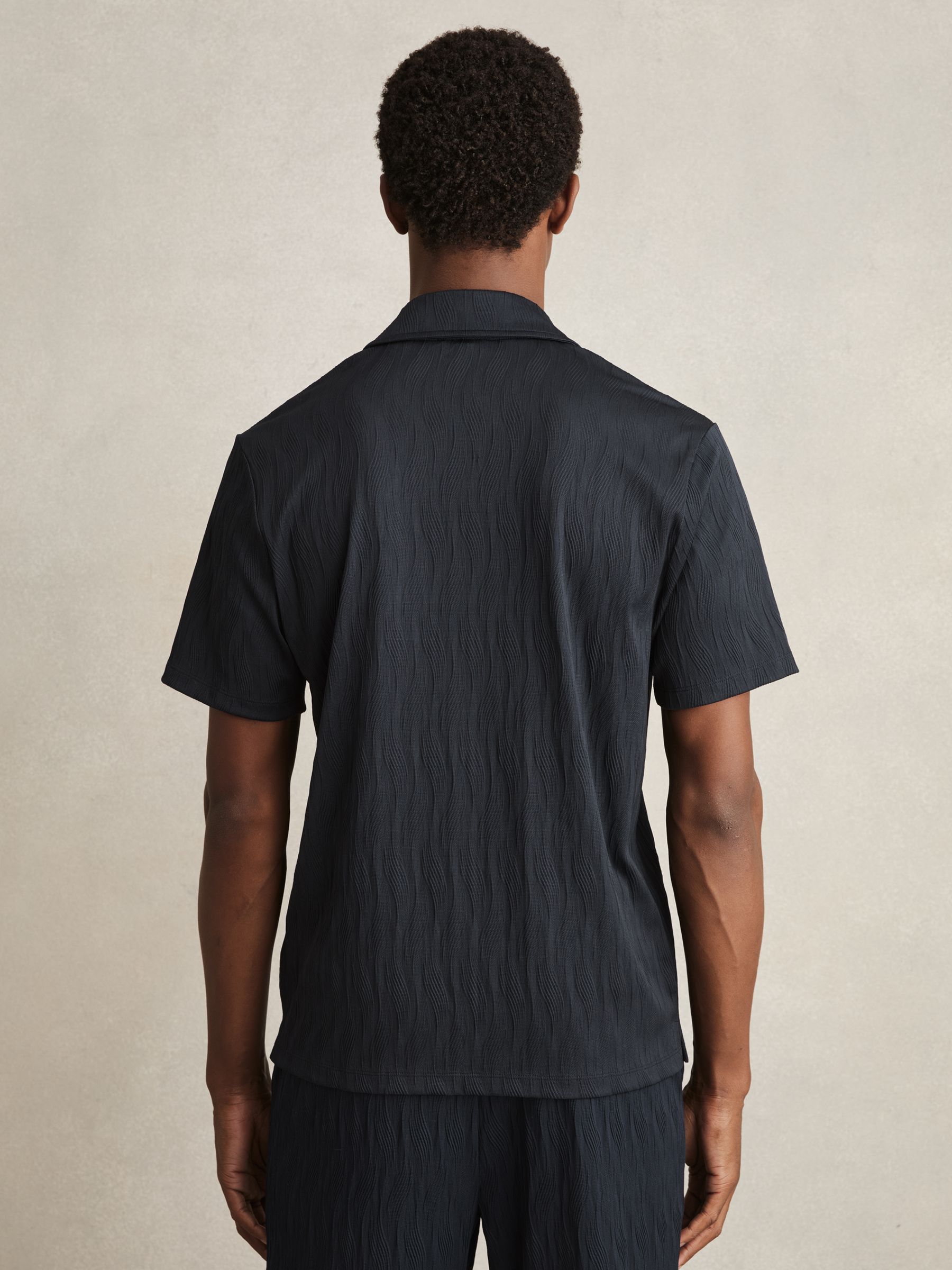 Wave-Jacquard Cuban-Collar Shirt in Navy