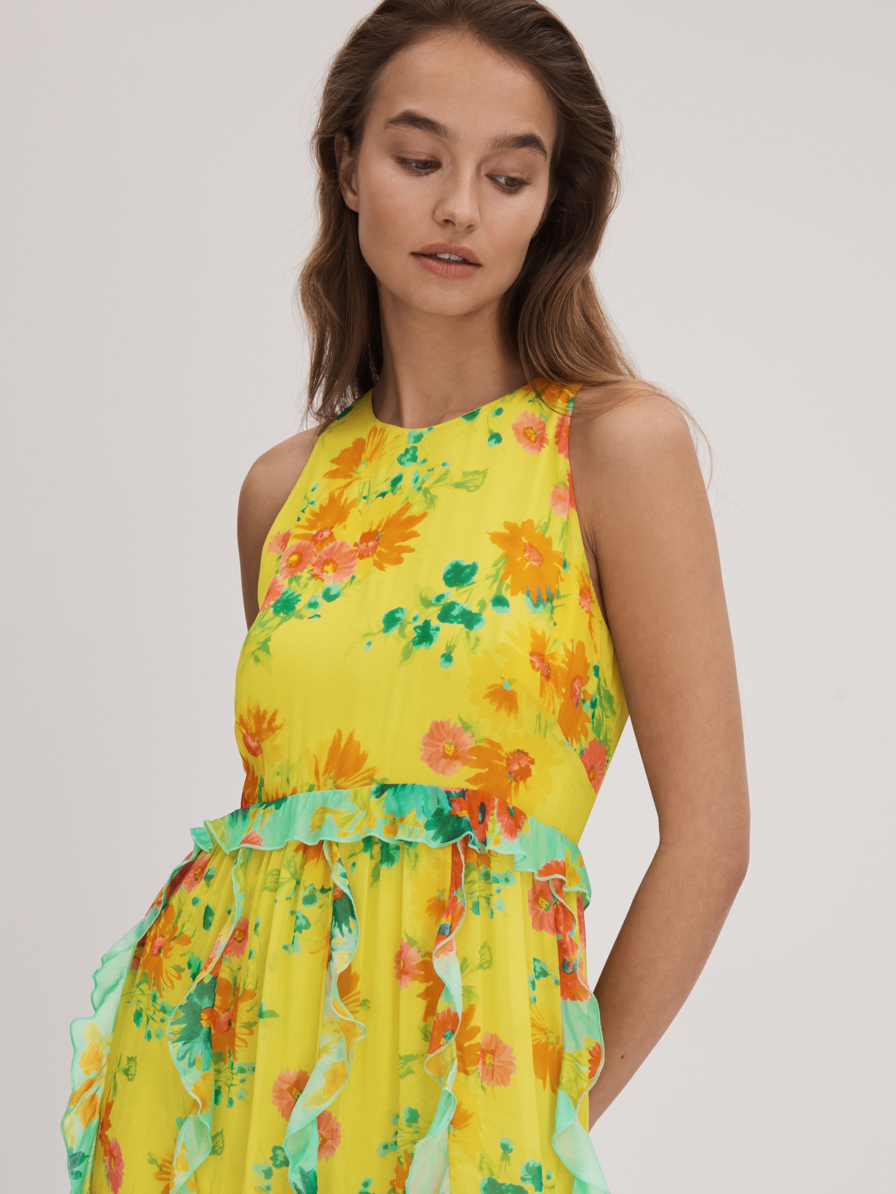Florere Printed Ruffle Midi Dress in Lime