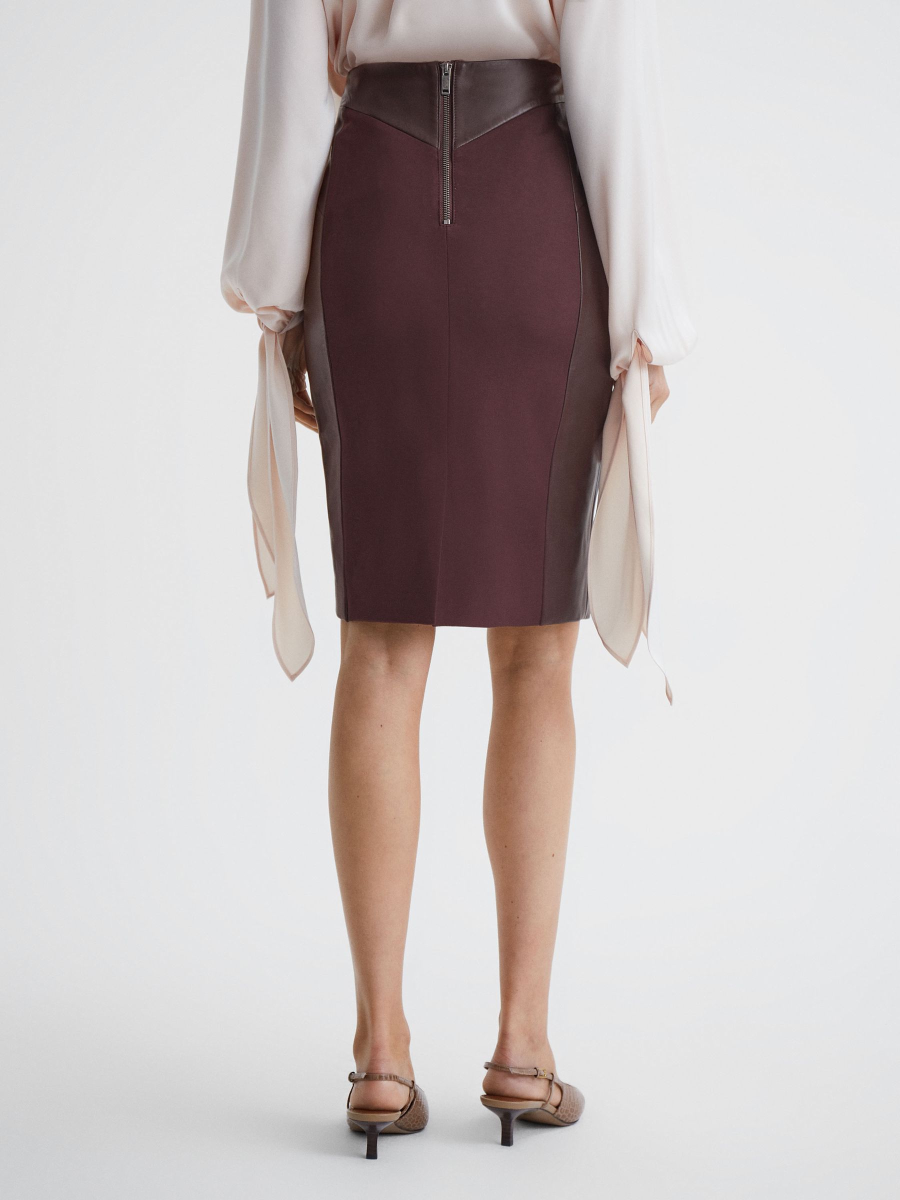 Leather High Rise Midi Skirt in Berry