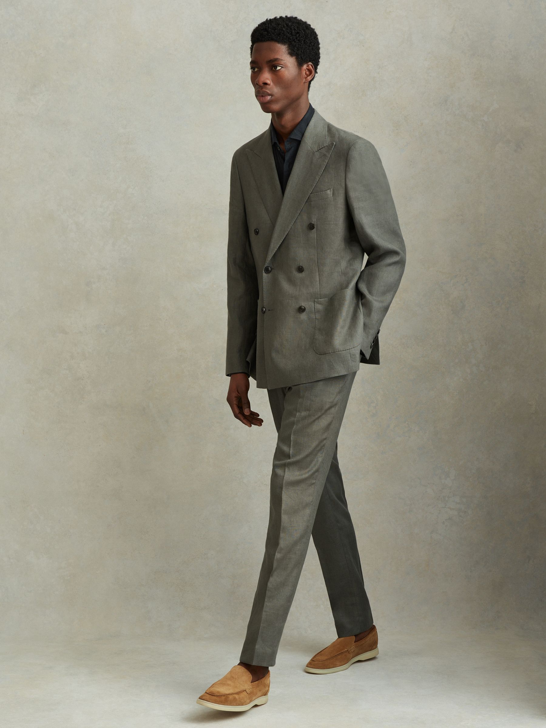 Linen Double Breasted Blazer in Dark Sage