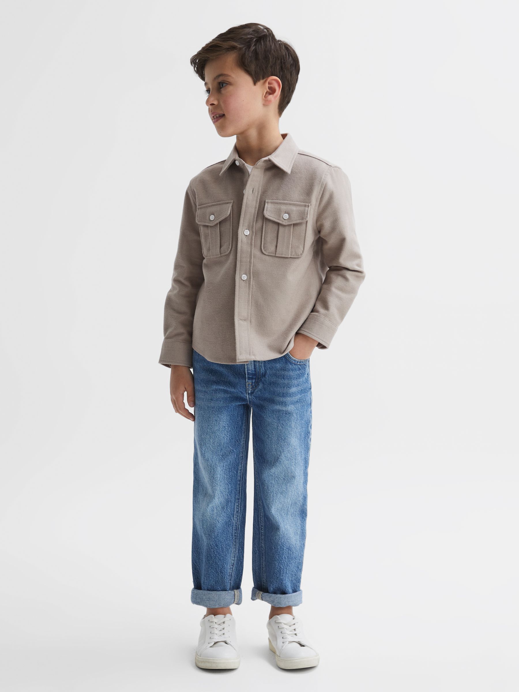 Senior Brushed Cotton Patch Pocket Overshirt in Oatmeal Melange