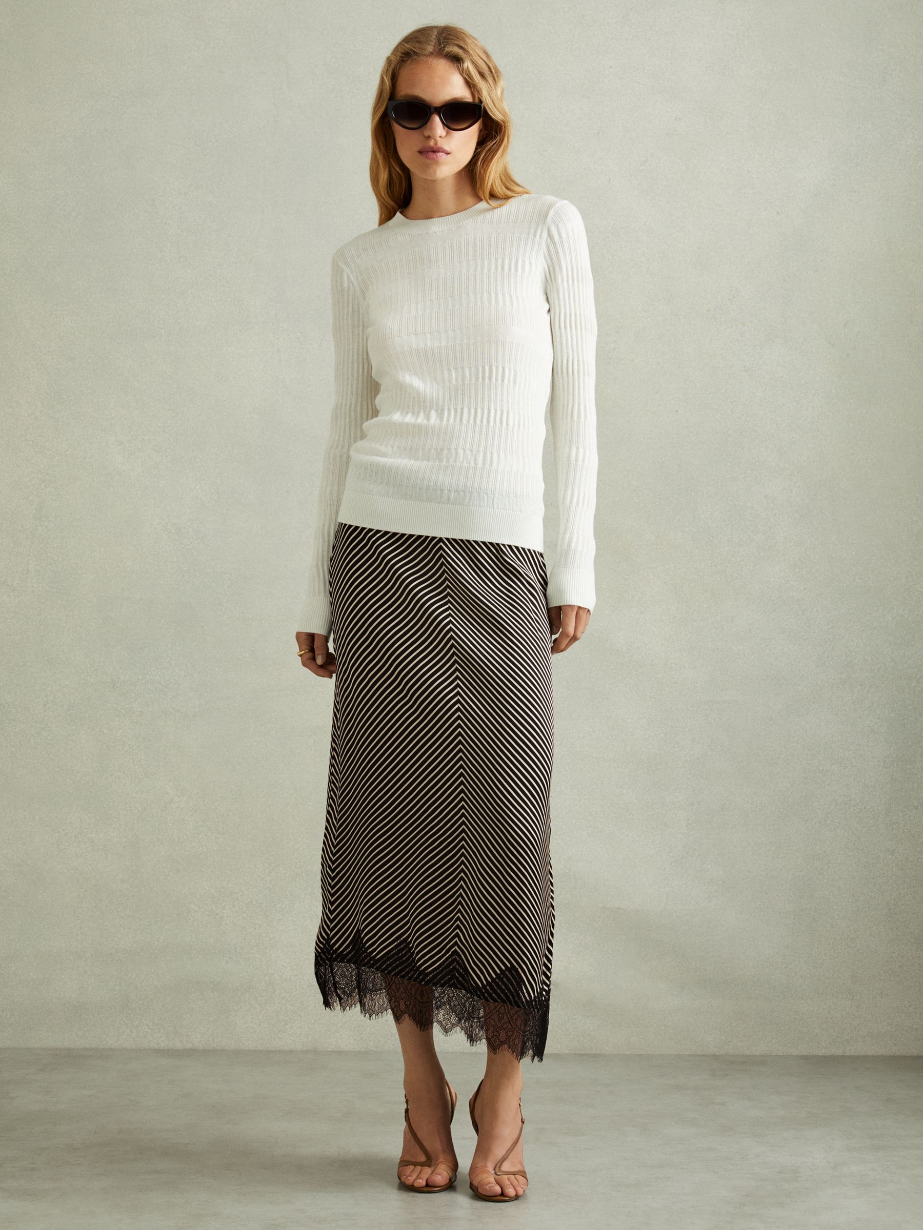 Ivy Black/Ivory Striped Lace Trim Midi Skirt