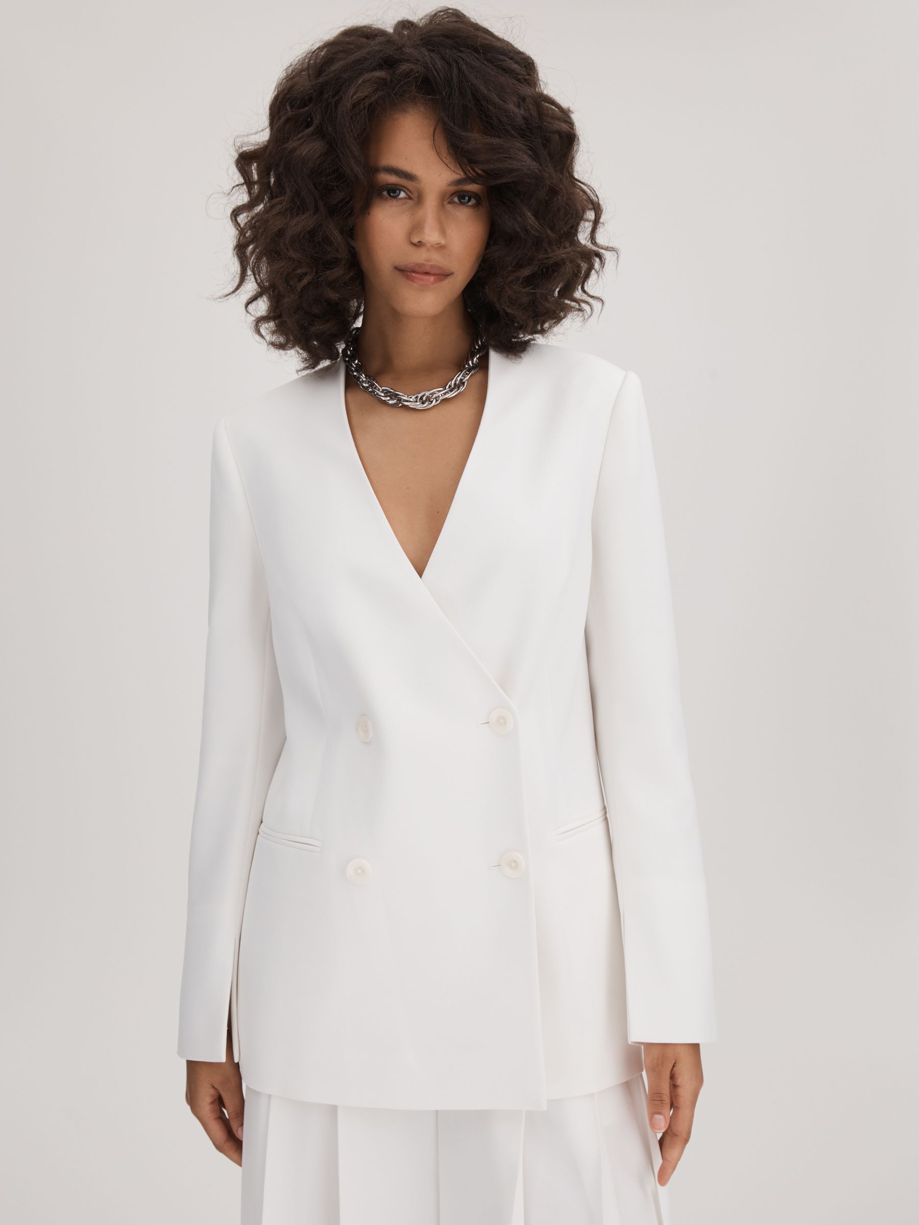 Florere Collarless Double Breasted Blazer in Ivory