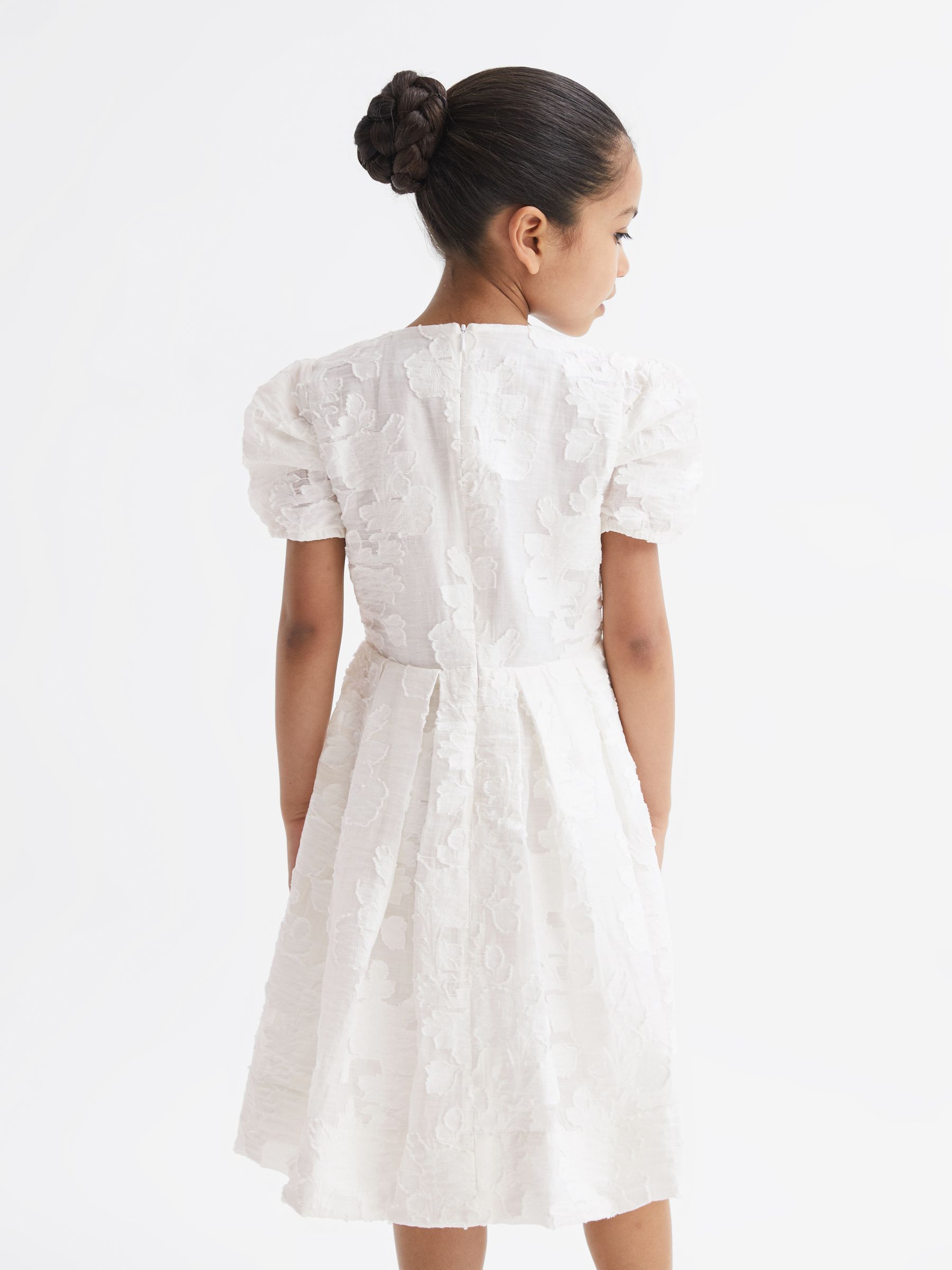 9-12 yrs Floral Print Textured Dress in Ivory