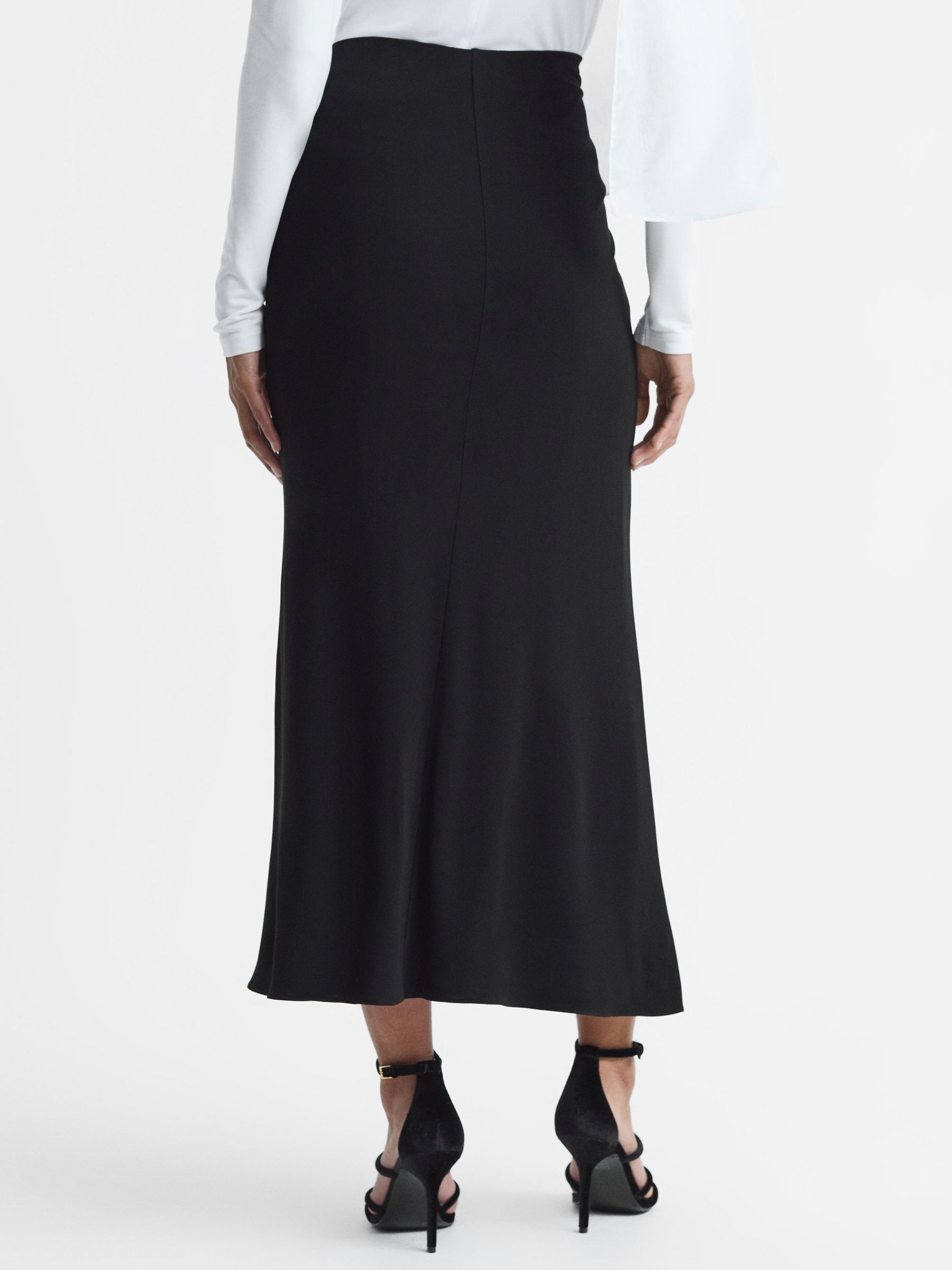 High Rise Ruched Fitted Midi Skirt in Black