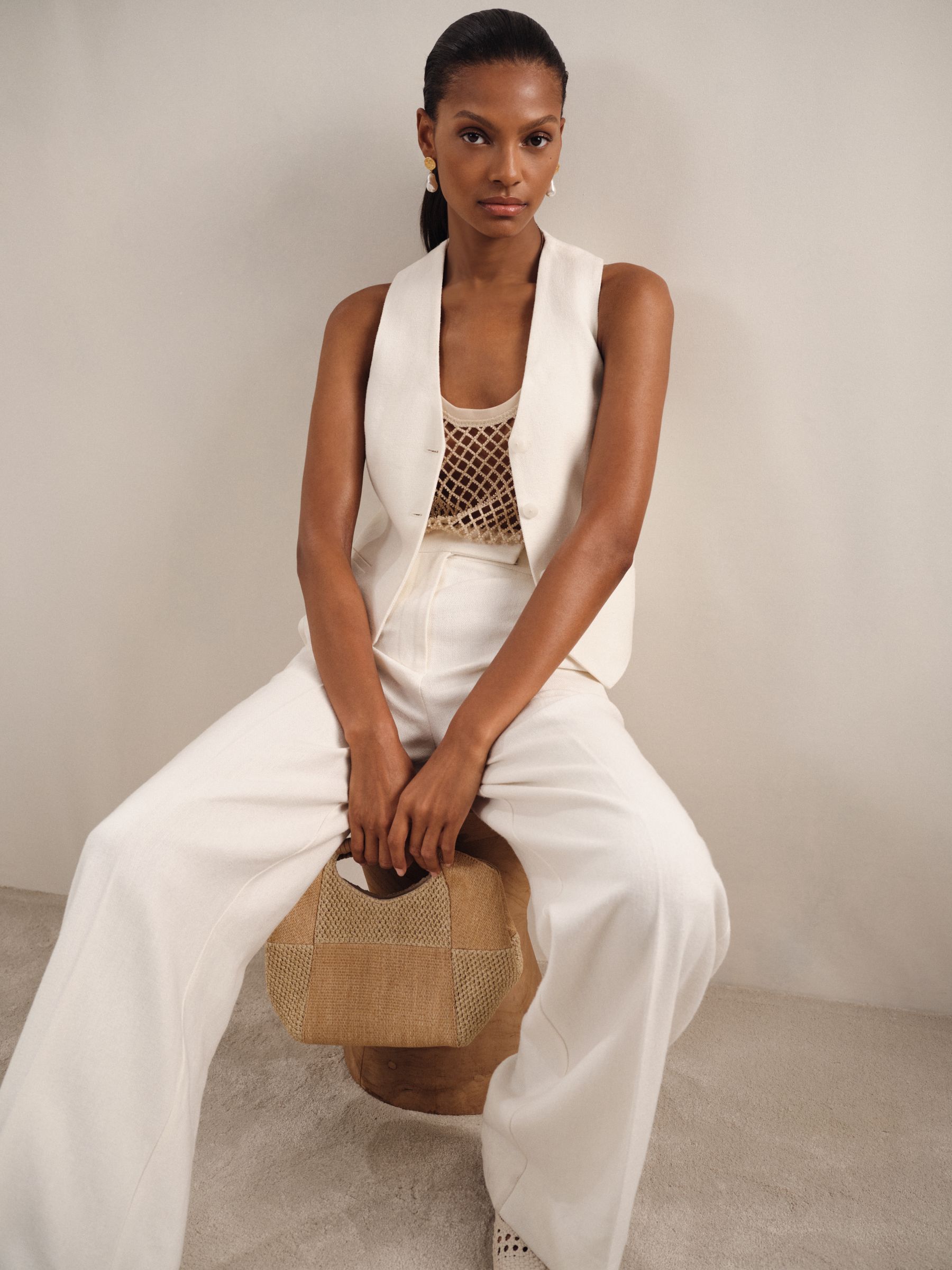 Linen-Blend Button-Through Waistcoat in White