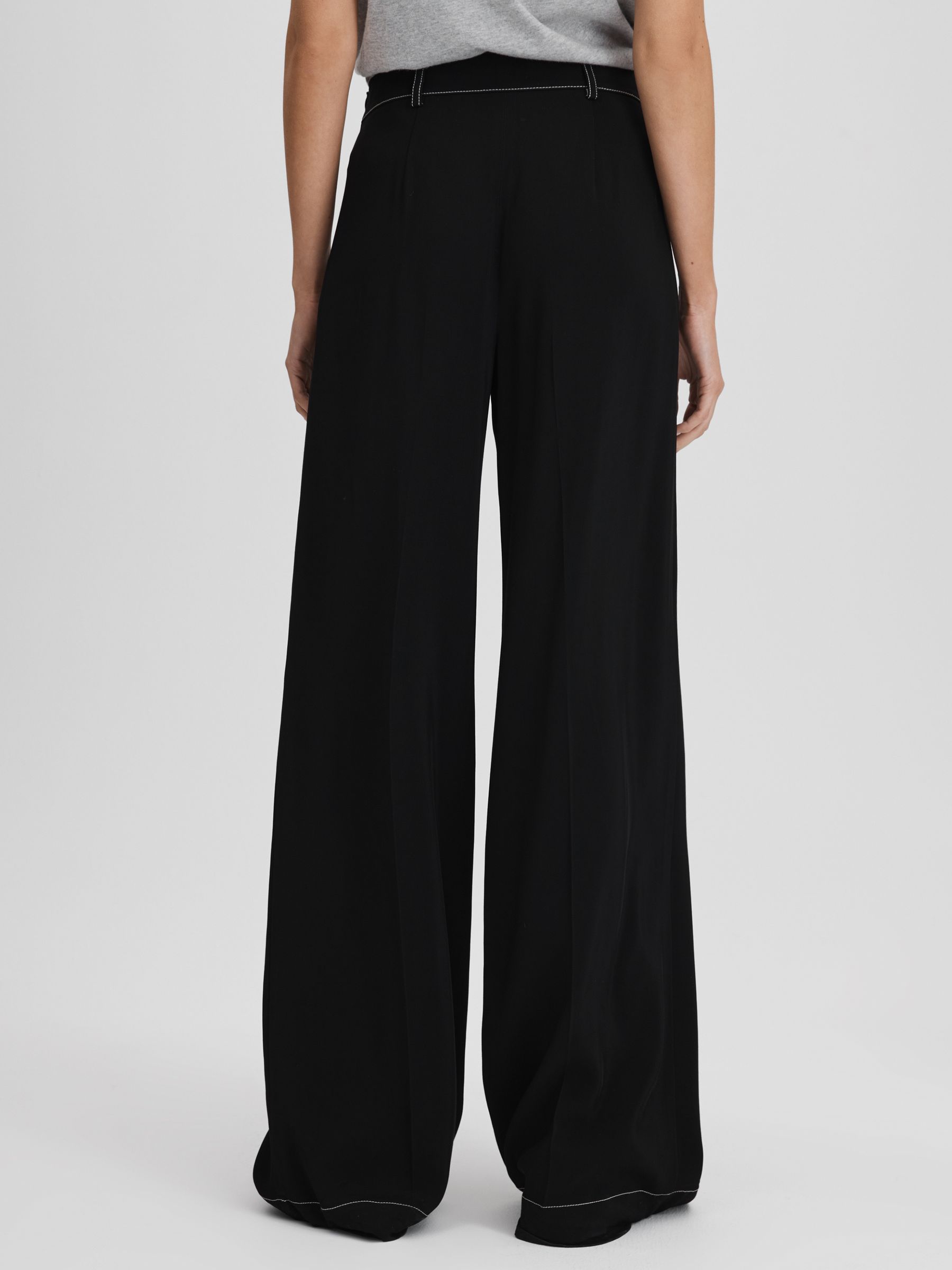 Petite Contrast Stitch Wide Leg Trousers in Black