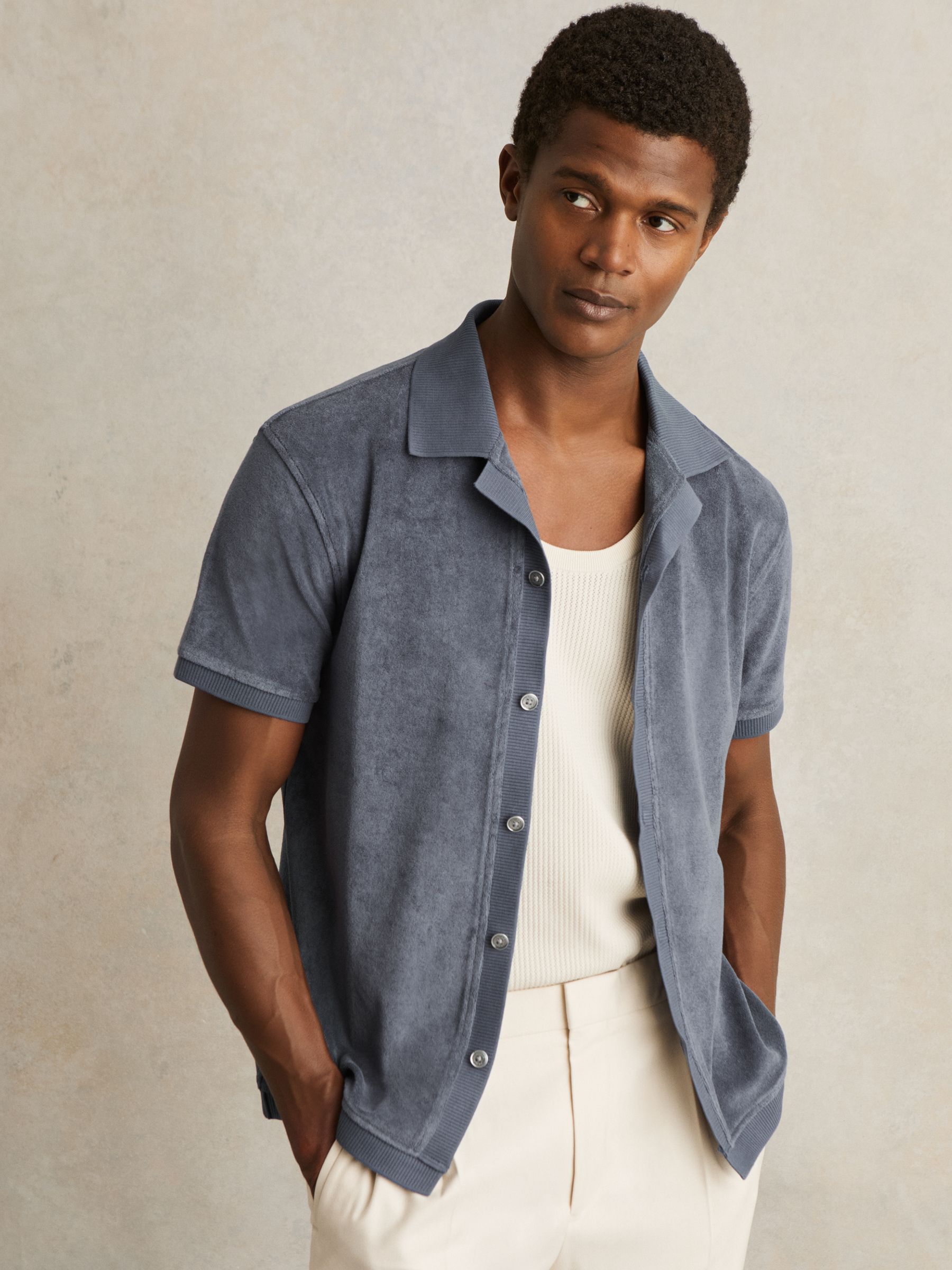 Cotton Blend Towelling Shirt in Airforce Blue