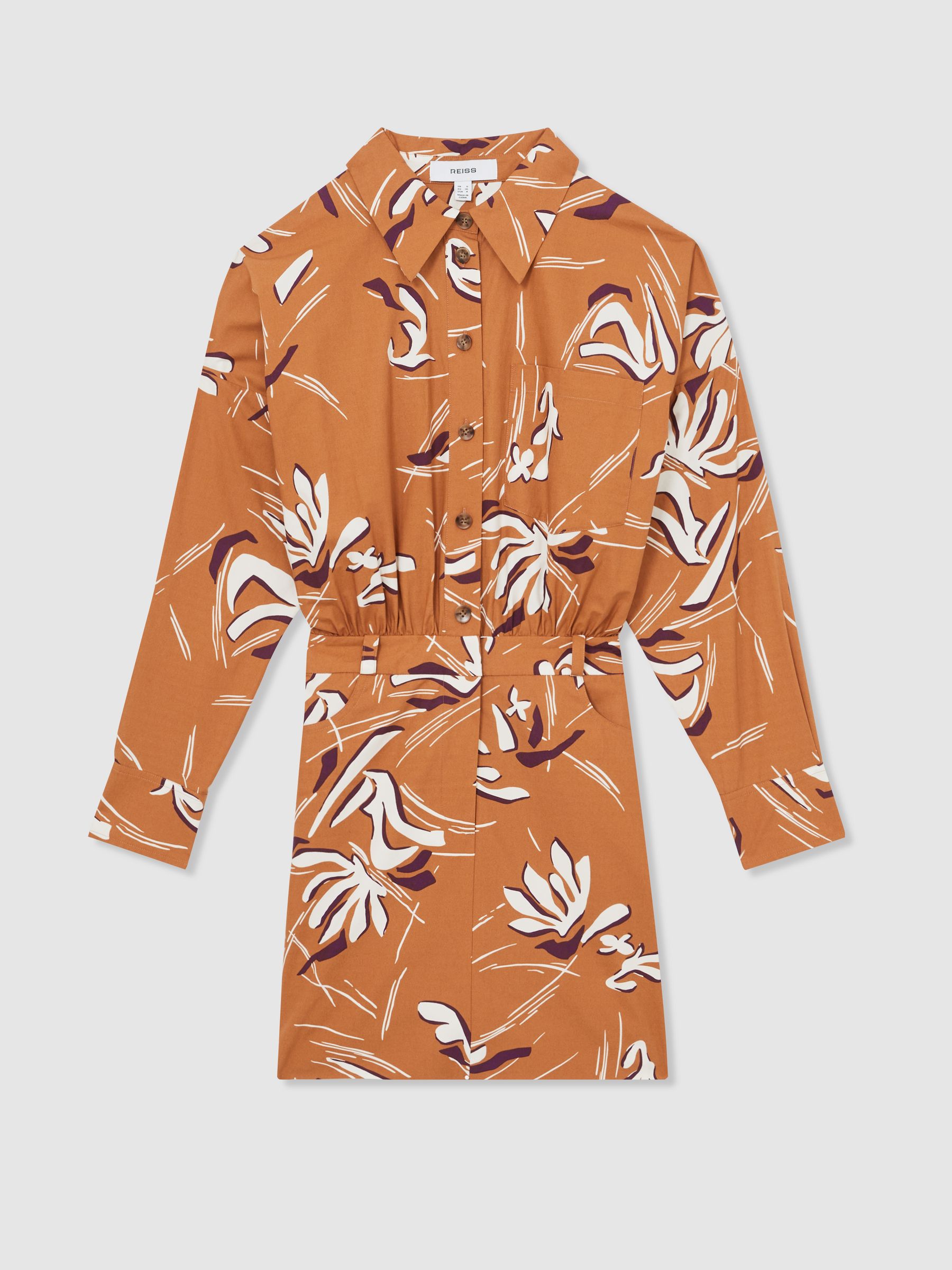 Cotton Printed Shirt Dress in Rust